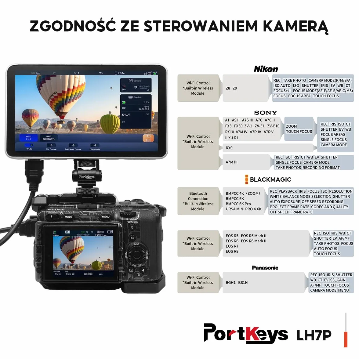Portkeys LH7P Monitor Polowy 7 Cali 1000 nitów, Ekran Dotykowy, 4K HDMI z 3D LUT, Sterowanie Bezprzewodowe, Kształt Fali Luma, Fałszywy Kolor, Kompatybilny z BMPCC