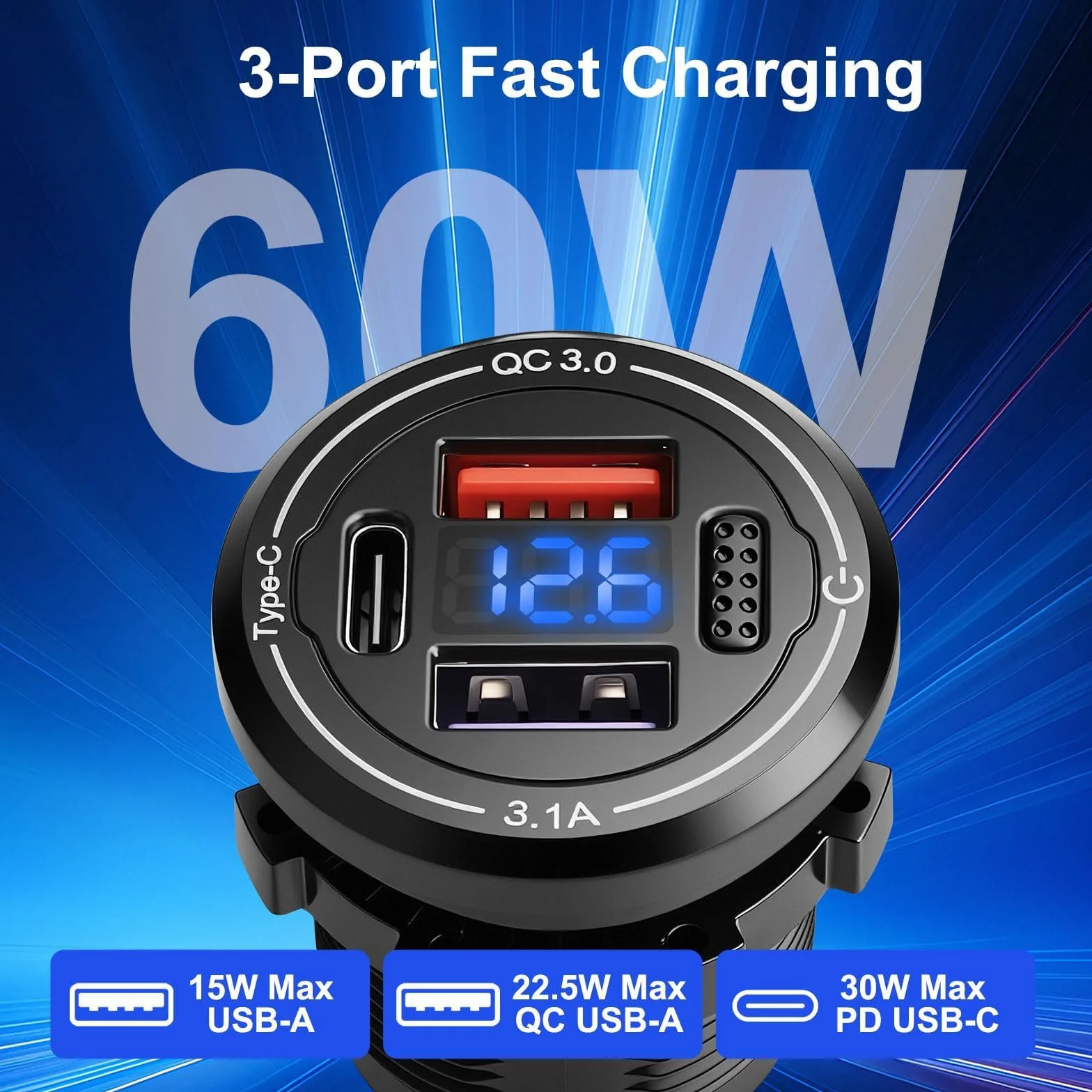 Linkstyle Ładowarka samochodowa USB, 15 W, 22 W, złącza QC i 30 W PD, gniazdo USB z przełącznikiem przyciskowym 12 V/24 V, do kampera, łodzi, motocykla, samochodu
