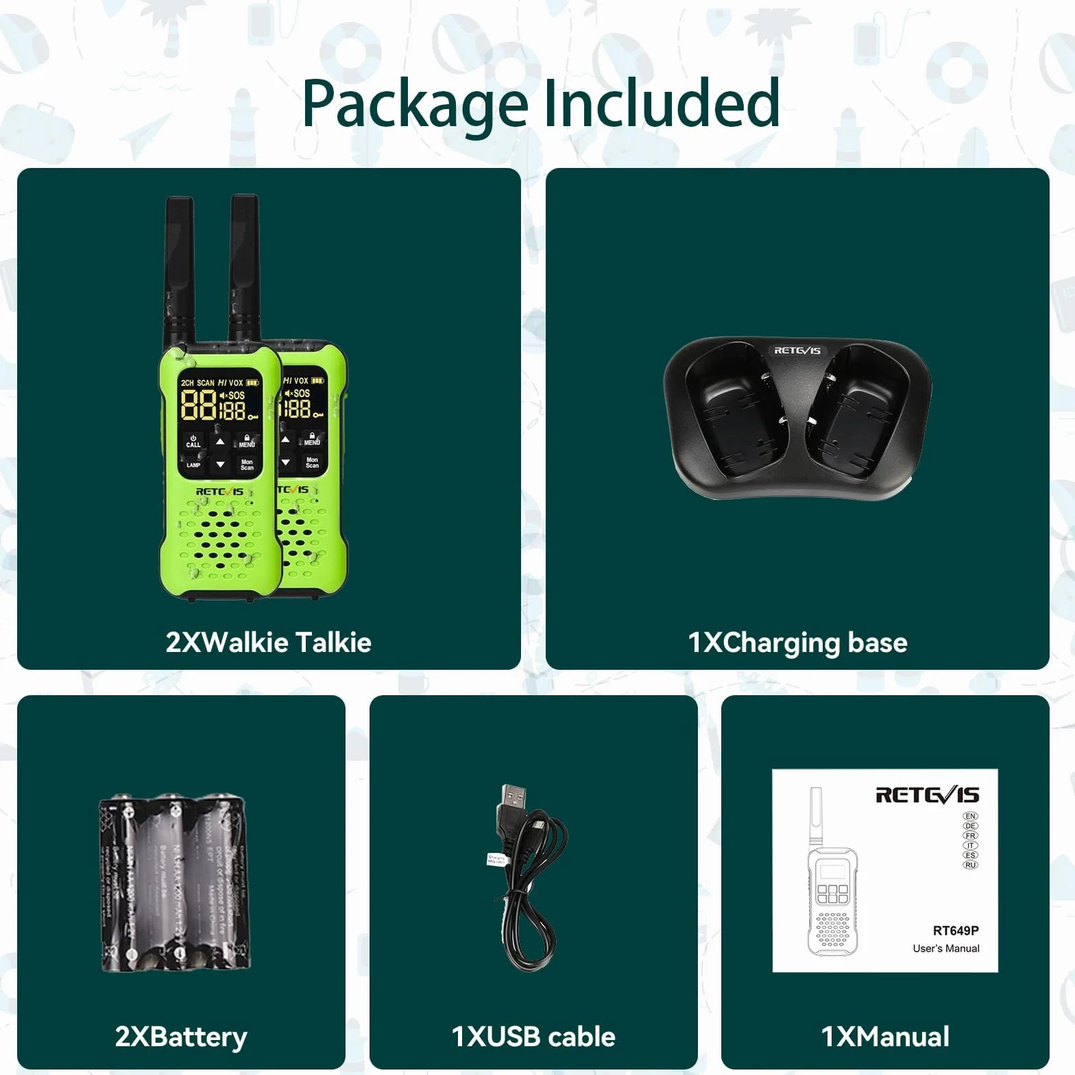 Retevis RT649P Walkie Talkie Wodoszczelny Pływak PMR 446 Bez Licencji 16 Kanałów Latarka LED CTCSS/DCS VOX Na Zewnątrz Ratować Nagły Wypadek Kajak Wędkarstwo Polowanie Surf Lato (1 para, zielona)