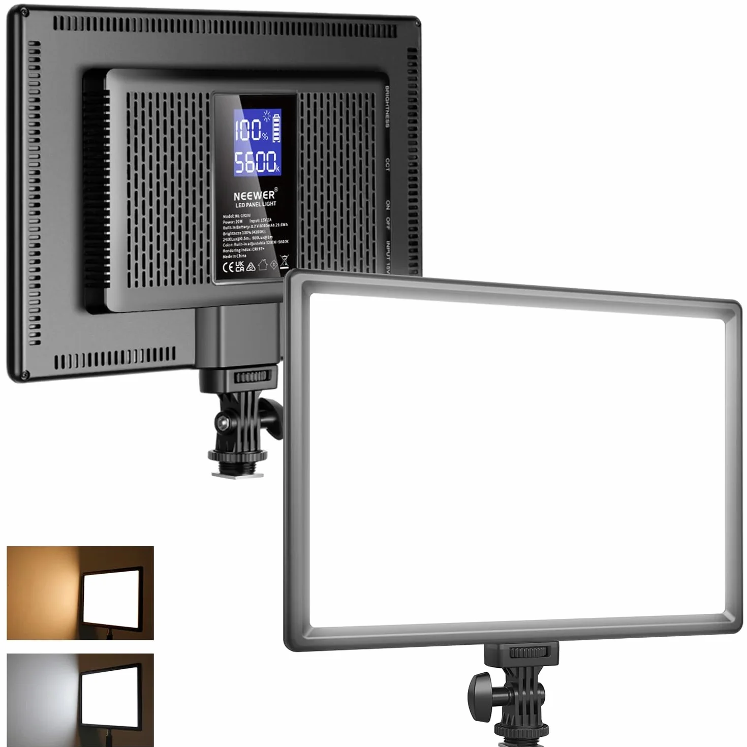 NEEWER Panel światła wideo 192 LED, ultra cienkie, dwukolorowe światło lustrzanki cyfrowej, możliwość ściemniania 20 W, bateria litowa 4000 mAh, 3200 K - 5600 K CRI97+, klucz do fotografowania i