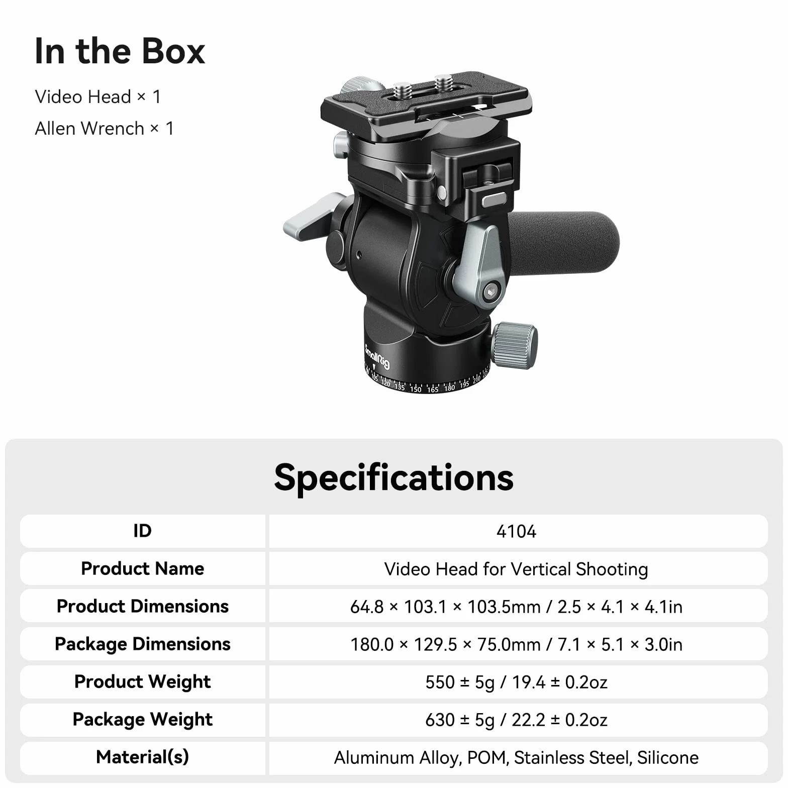 SMALLRIG G?owica wideo do fotografowania w pionie/poziomie, g?owica statywu z pochylan? g?owic? z teleskopowym uchwytem, maksymalne obci??enie 5kg / 11 funt w dla kamery - 4104