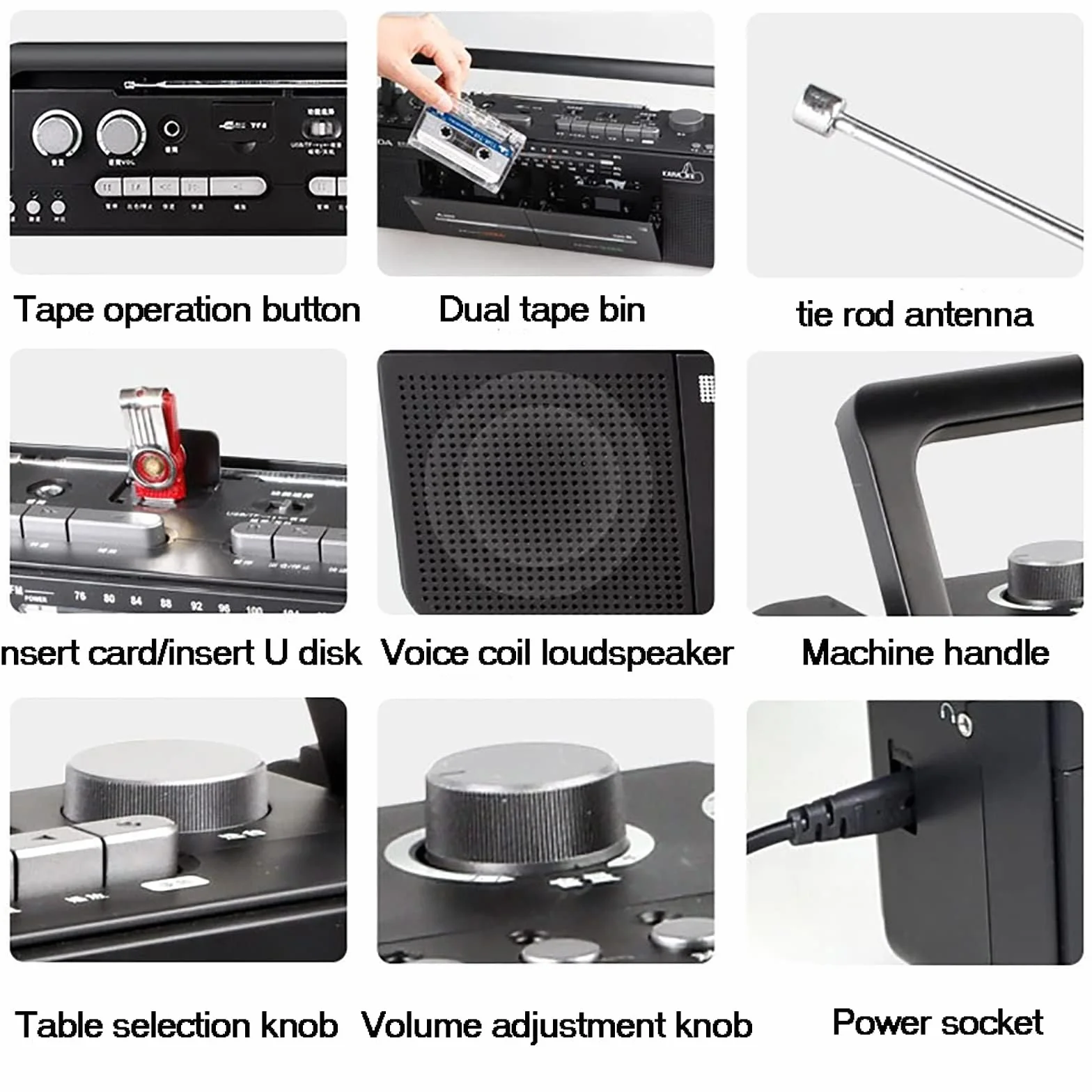 Nagrywarka kasetowa Boombox - radio AM/FM, odtwarzacz z podwójną taśmą, odtwarzanie dysków MP3/U i kart TF, nagrywanie i transkrypcja jednym kliknięciem, klasyczny design