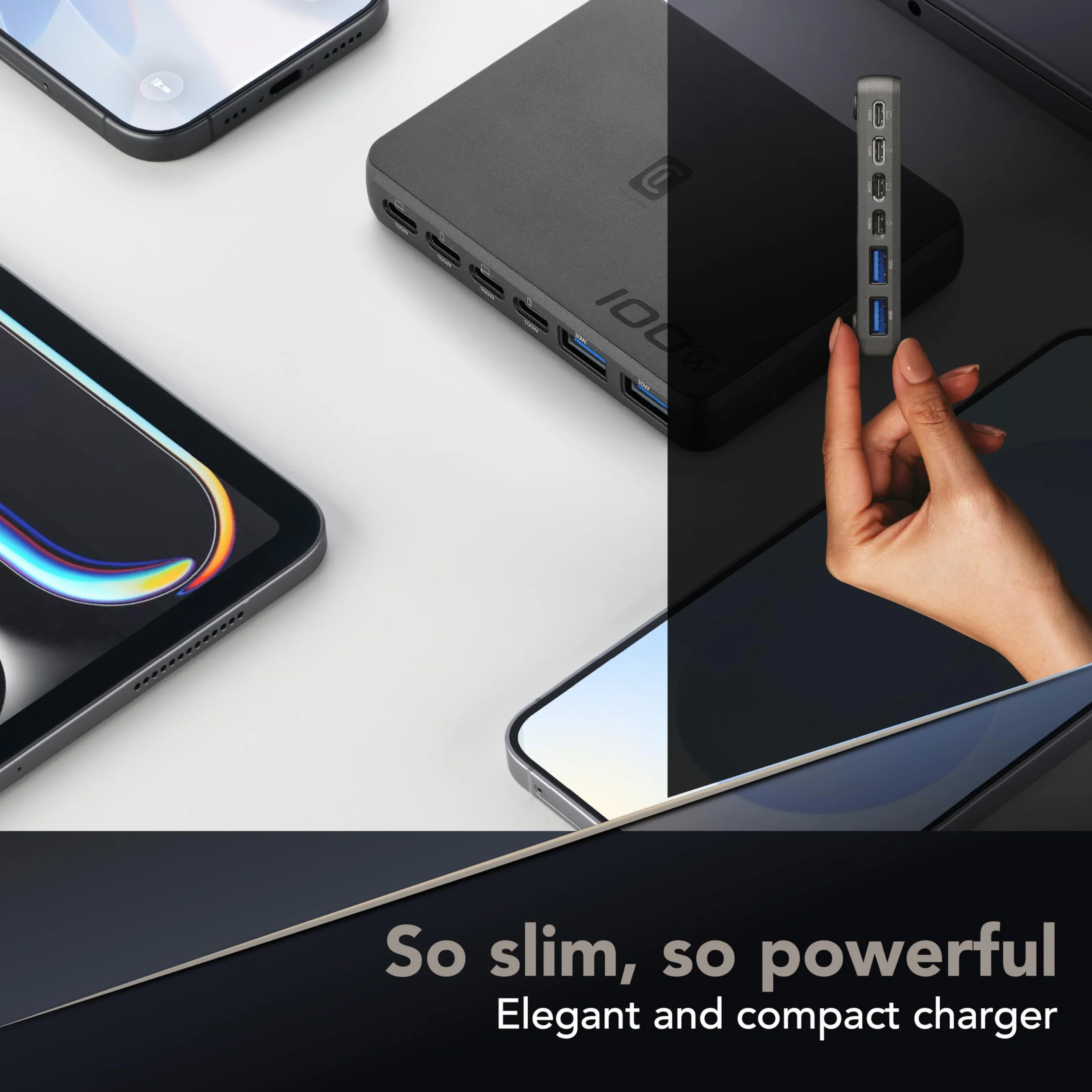 Cellularline Power Lite 100 W stacja ładująca na biurko z 6 portami, w tym 4 USB-C i 2 USB-A, GaN+ do smartfonów, tabletów i laptopów, kolor czarny