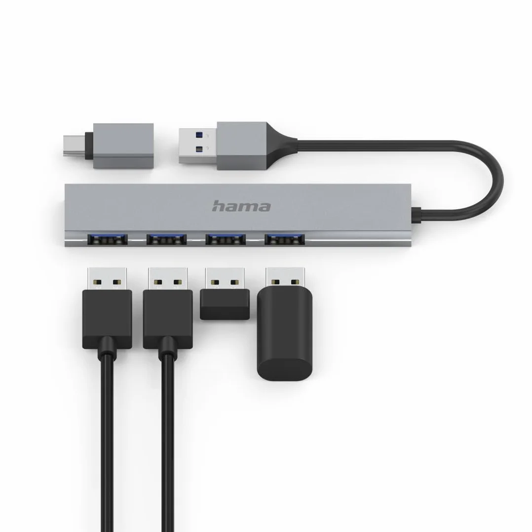Hama hub USB A (4x USB-A, adapter USB C, USB 3.2, PD, power delivery, 5 Gbit/s, 100 W, ultra slim, stacja portów, rozdzielacz, multiport) antracyt