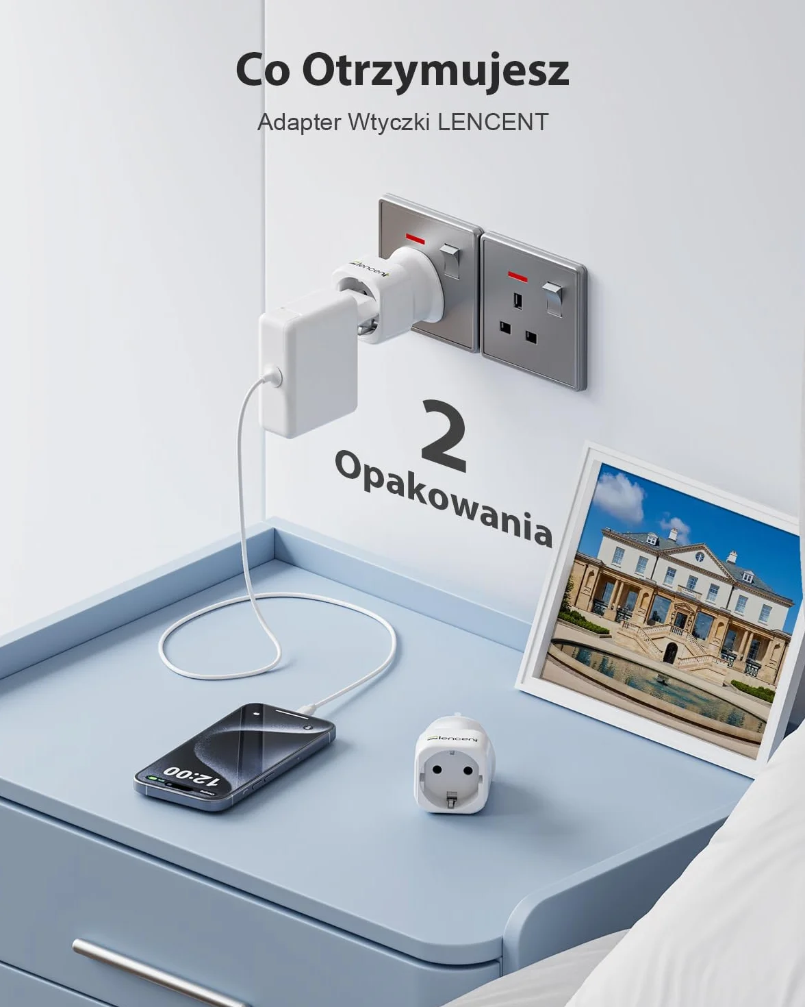 LENCENT 2 sztuki Adapter Podróżny Poland do UK Wtyczka, Typu-G Wtyczka Podróżna Adapter 2-pinowy do 3-pinowy, AC Schuko Adapter do Wielka Brytania, Irlandia, Dubaj, Malezja, Singapur ładowarka ścienna