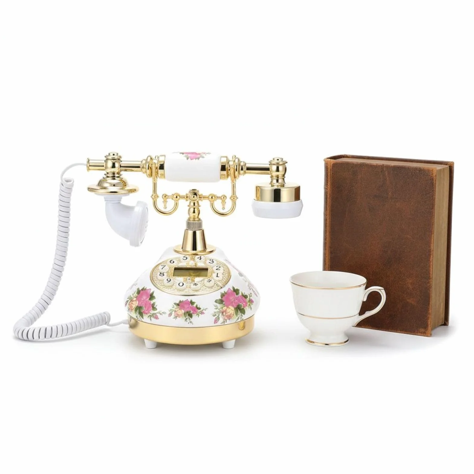Antyczny ceramiczny telefon stacjonarny, telefon stacjonarny z nadrukiem kwiatowym, staromodny telefon z przyciskowym wyświetlaczem LCD, dzwonek z regulacją głośności telefonu stacjonarnego retro