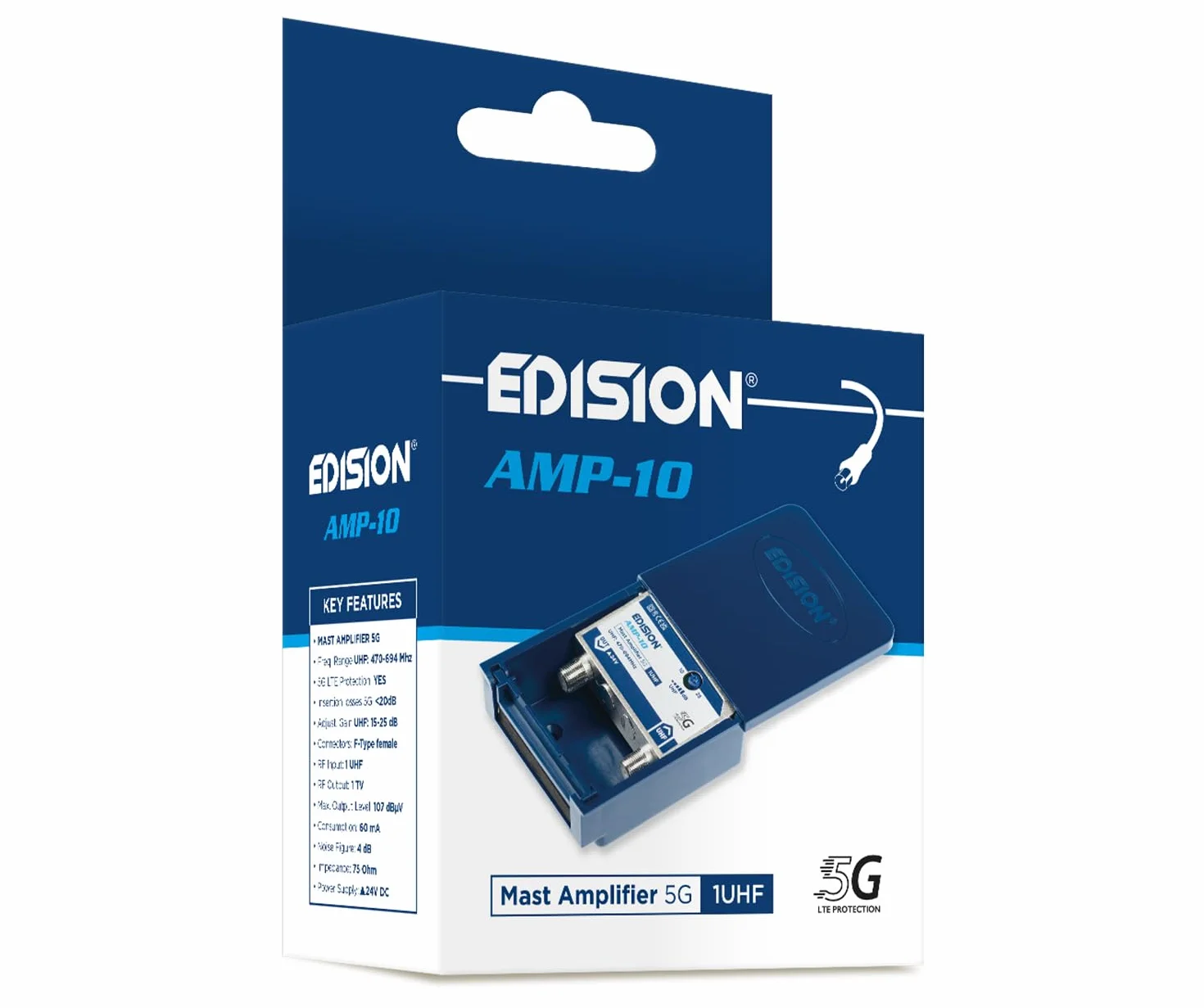 EDISION AMP-10 1UHF wzmacniacz anteny telewizyjnej 10-25 db regulowany, 107 dBmV, 24 V, do cyfrowej naziemnej DVB-T/T2, częstotliwości UHF 470-694 MHz, z filtrem 5G LTE