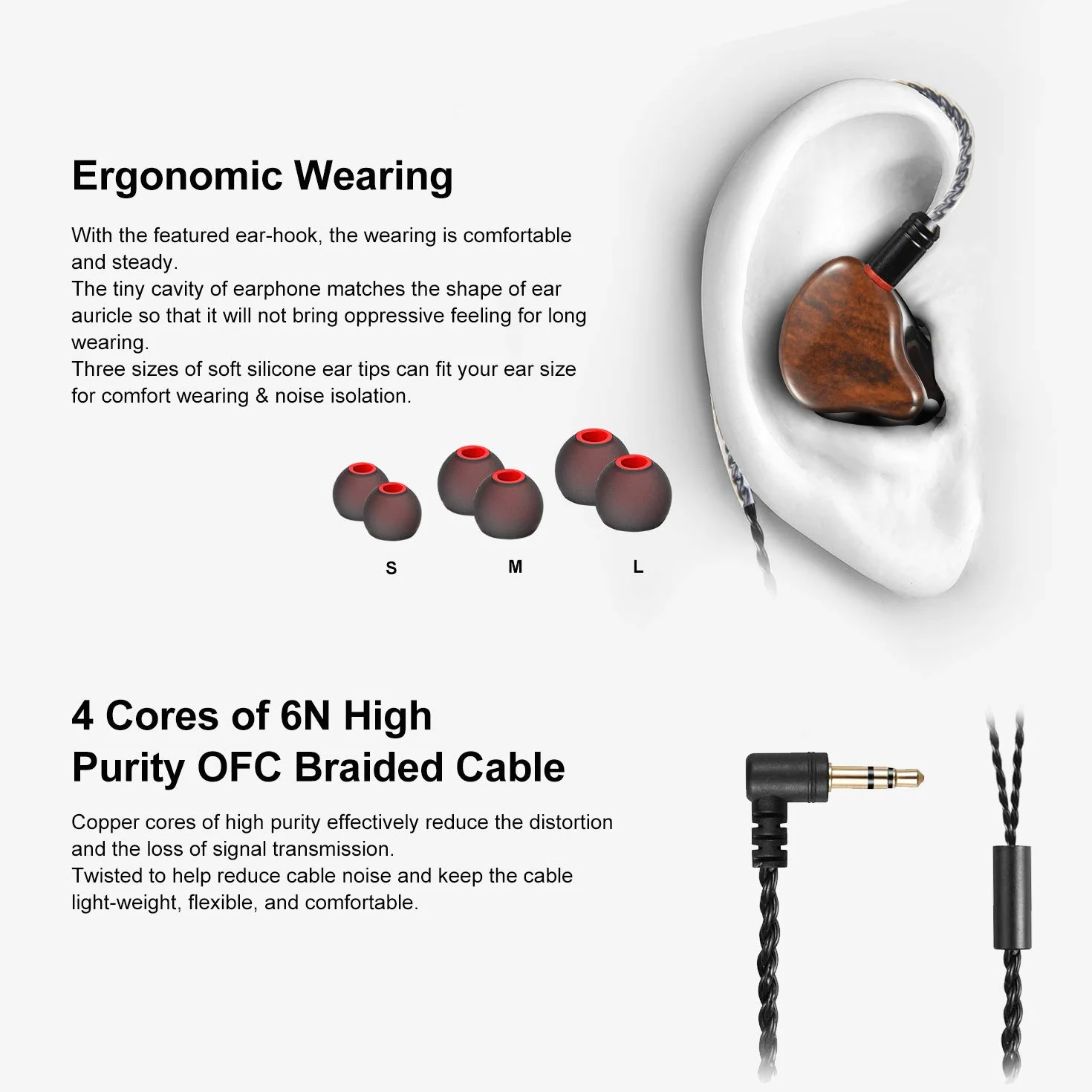 Słuchawki douszne do monitorowania, słuchawki HiFi Stereo IEM, dynamiczne, przewodowe słuchawki douszne z podwójnym sterownikiem, z odłączanym kablem, zestaw słuchawkowy z redukcją szumów, dla