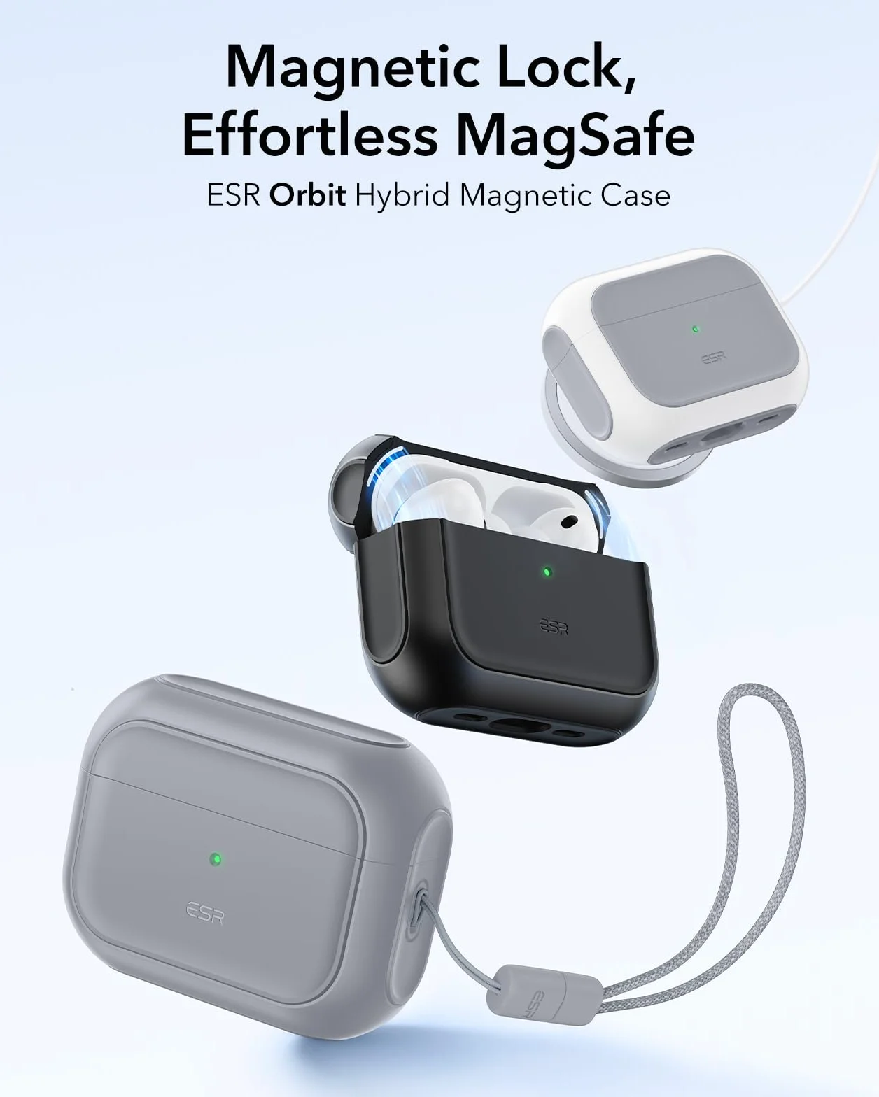 ESR Etui do AirPods Pro 3, kompatybilne z AirPods Pro 3. generacji (2025), kompatybilne z MagSafe, etui z pełną ochroną z rzepem, szare