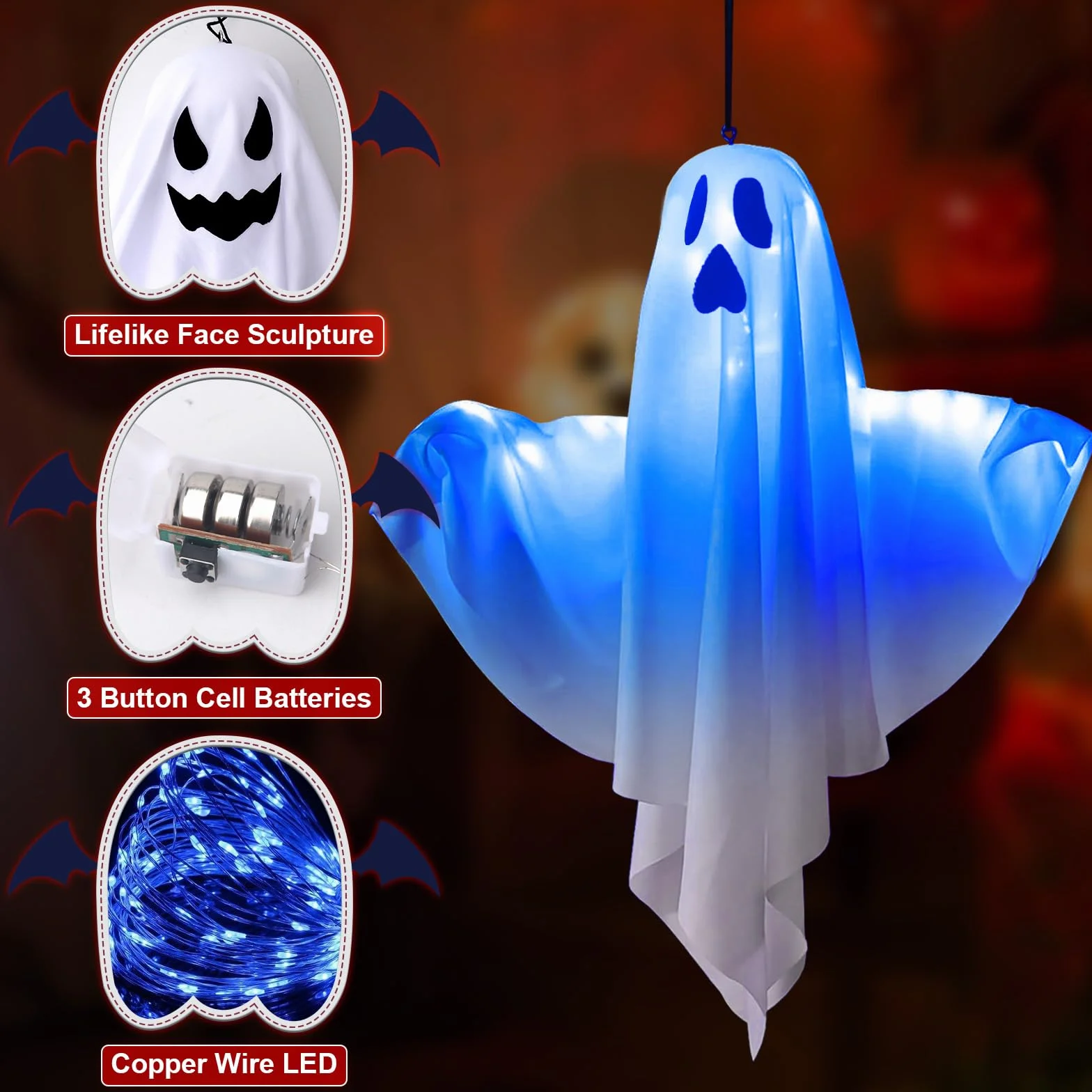 Dekoracyjne duchy LED na Halloween, dekoracja wisząca, 4 sztuki