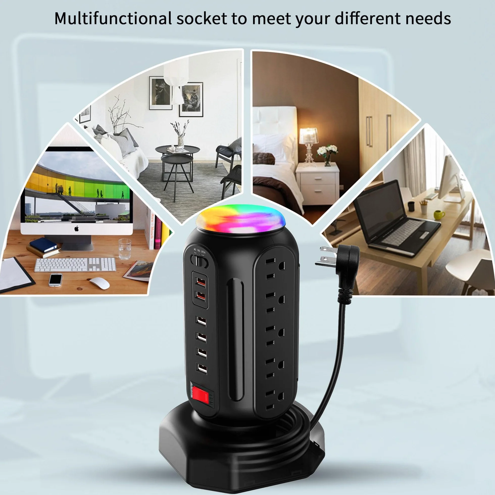 Power Strip Tower 15 gniazd, 6 portów USB, ochrona przeciwprzepięciowa z kolorowym światłem LED i szybką ładowarką USB, stacja ładująca komputer z wytrzymałym przedłużaczem 6,5