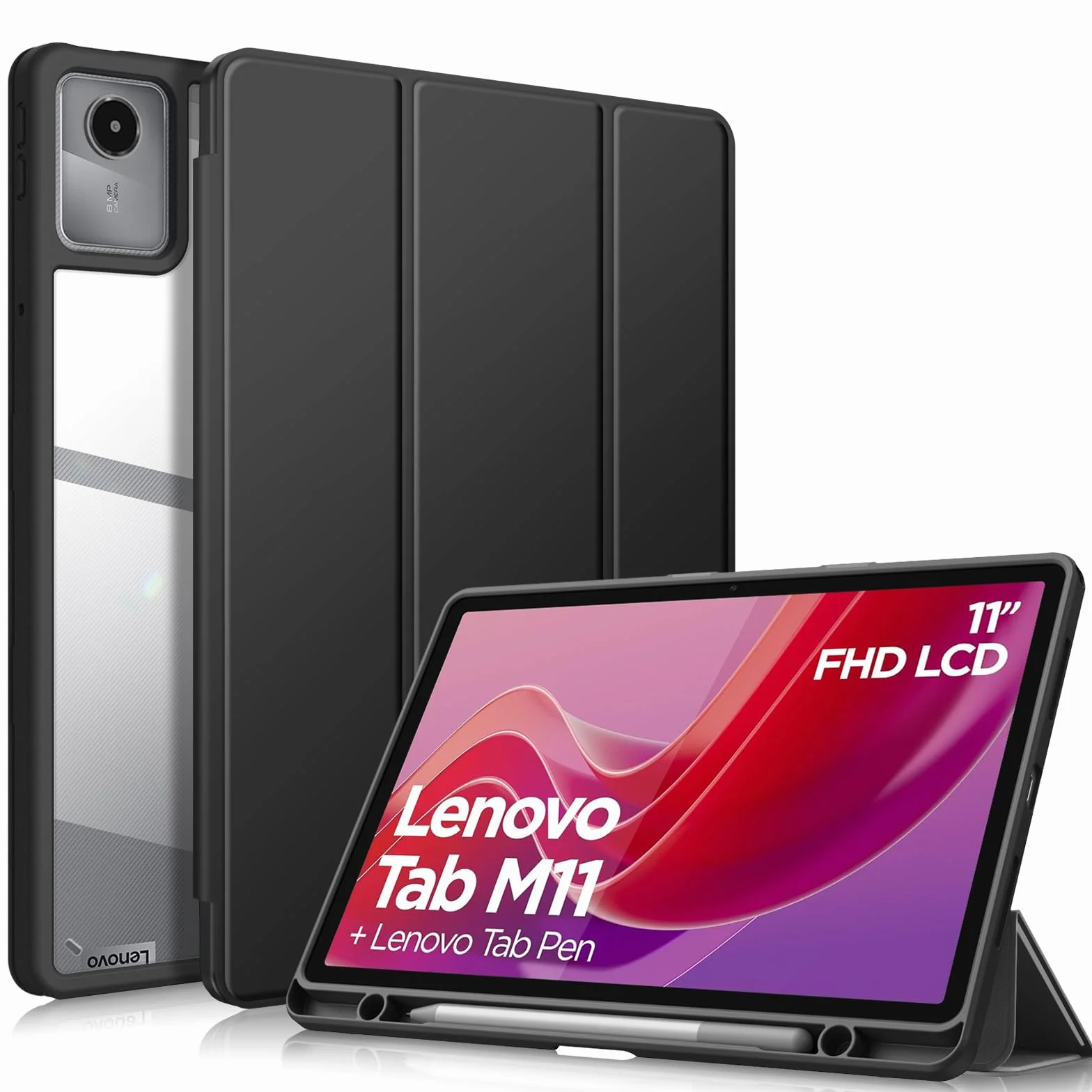 FINTIE Etui kompatybilne z Lenovo Tab M11 (TB330) 11-calowy tablet 2024 - [z uchwytem na długopisy] cienka, lekka, przezroczysta tylna obudowa z miękkiego TPU, czarne