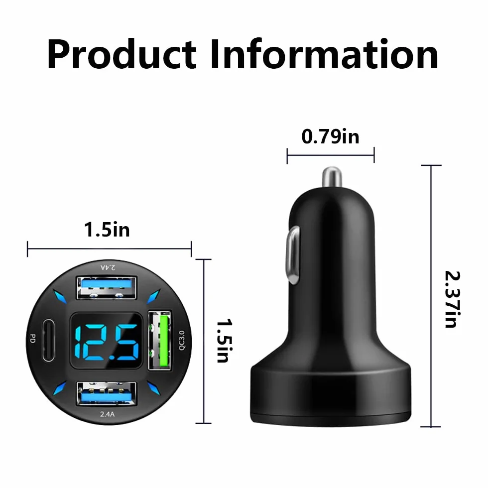 2 szt., 4 porty USB ładowarka samochodowa adapter USB z woltomierziem, port typu C PD 3.1/QC 3.0, super szybkie ładowanie, wtyczka zapalniczki samochodowej do iPhone'a 14, 13, 12, S22, S21, S20, iPada
