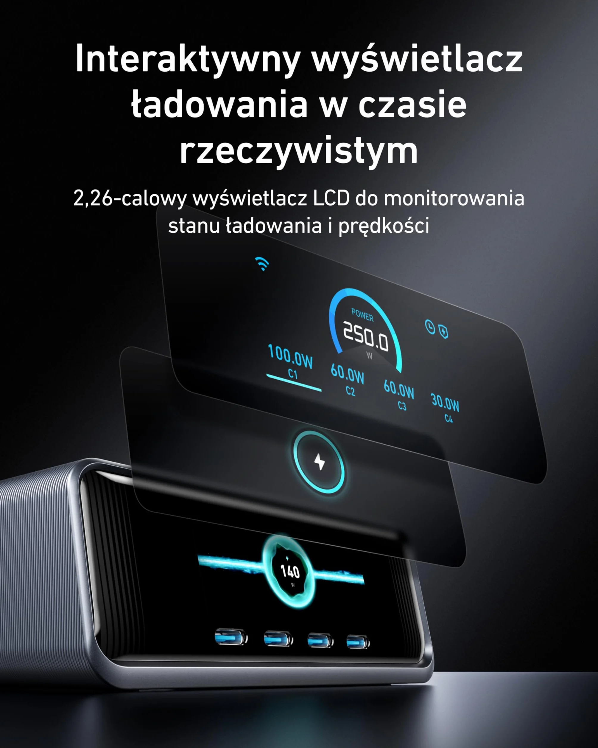 Ładowarka USB-C Anker Prime 250 W, ultraszybka 6-portowa ładowarka GaN, wyświetlacz LCD 6 cm, inteligentny kontroler, kompatybilna z MacBook, iPhone 16/15/14, Pixel, Galaxy i innymi urządzeniami