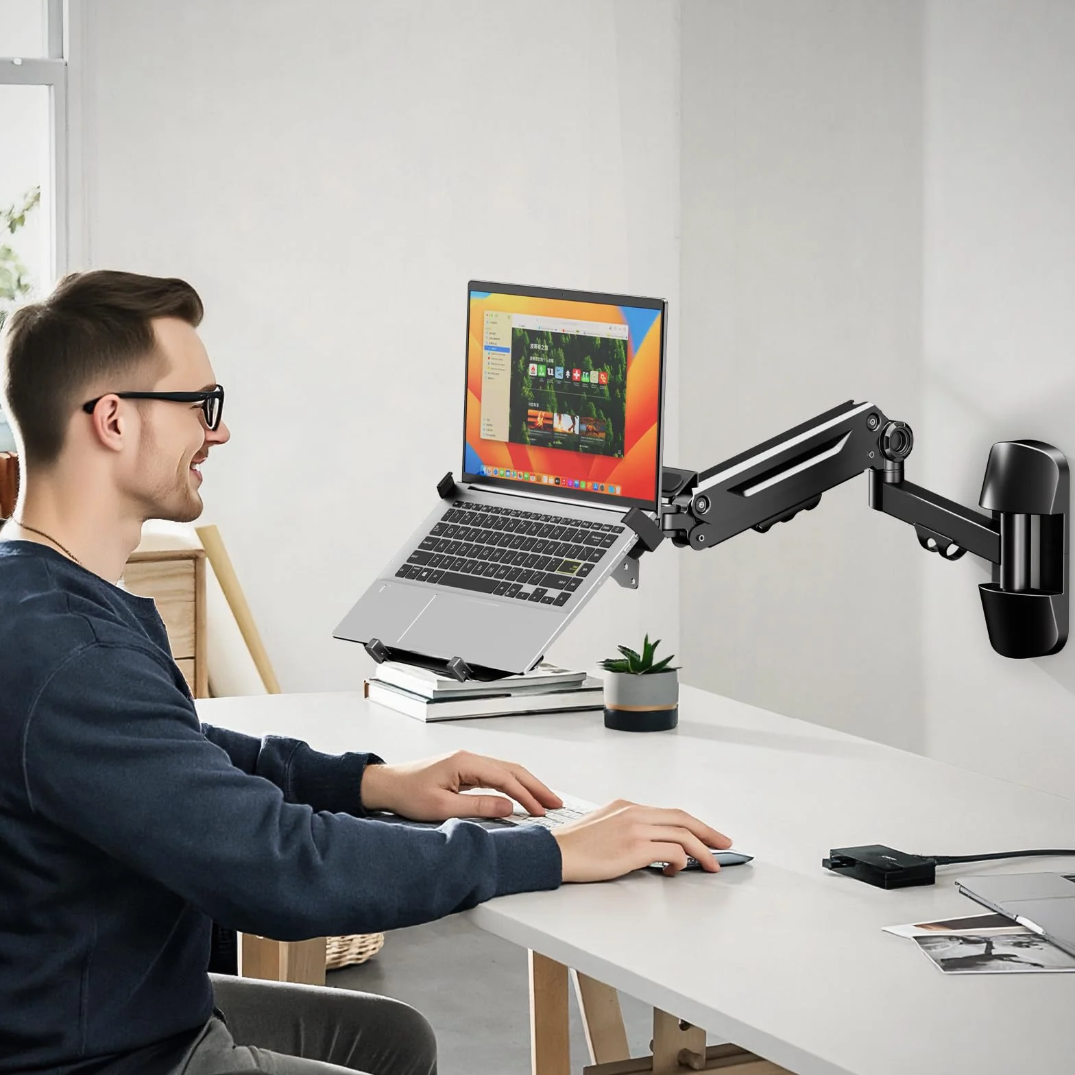 PUTORSEN Uchwyt ścienny 2 w 1 do laptopa, ramię sprężyny gazowej laptopa 10-18 cali i ekran 17-40", regulowany pełny ruch, może wytrzymać 1-12 kg