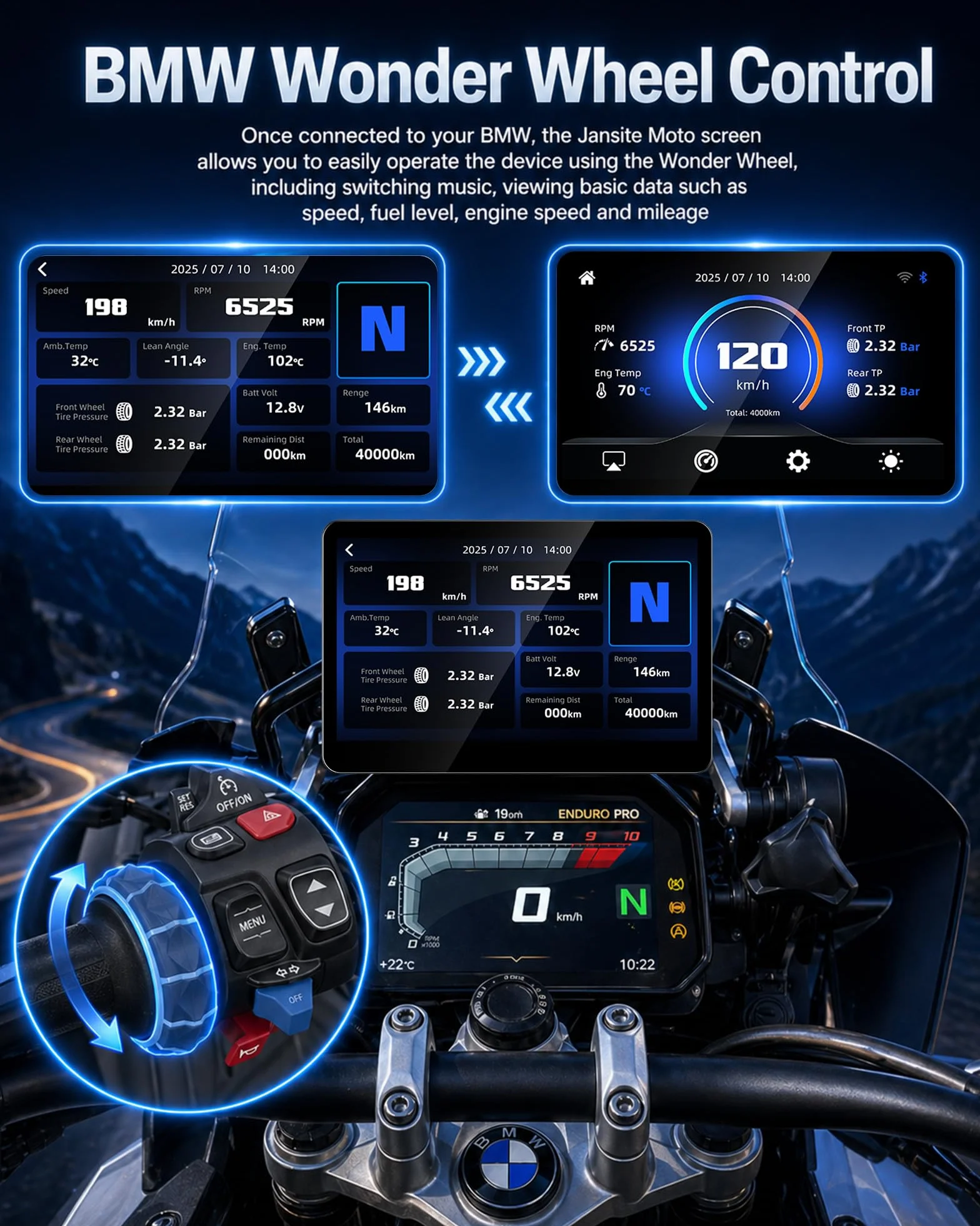 Jansite 6,25" ekran motocyklowy Carplay z natywnym Wonder Wheel do motocykli BMW, bezprzewodowy CarPlay i Android do samochodu, nawigacji motocyklowej, wodoszczelny, funkcja Plug and Play, odczyt