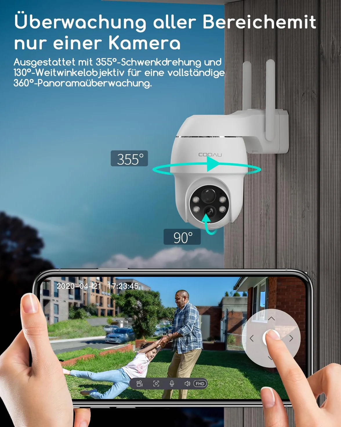 COOAU 2K kamera monitoringowa zewnętrzna z akumulatorem, 355°/90° obrotowa, bezprzewodowa kamera WLAN IP na zewnątrz z noktowizorem w kolorze, wykrywaniem osób/ruchu, wodoodporna IP66, pamięć w