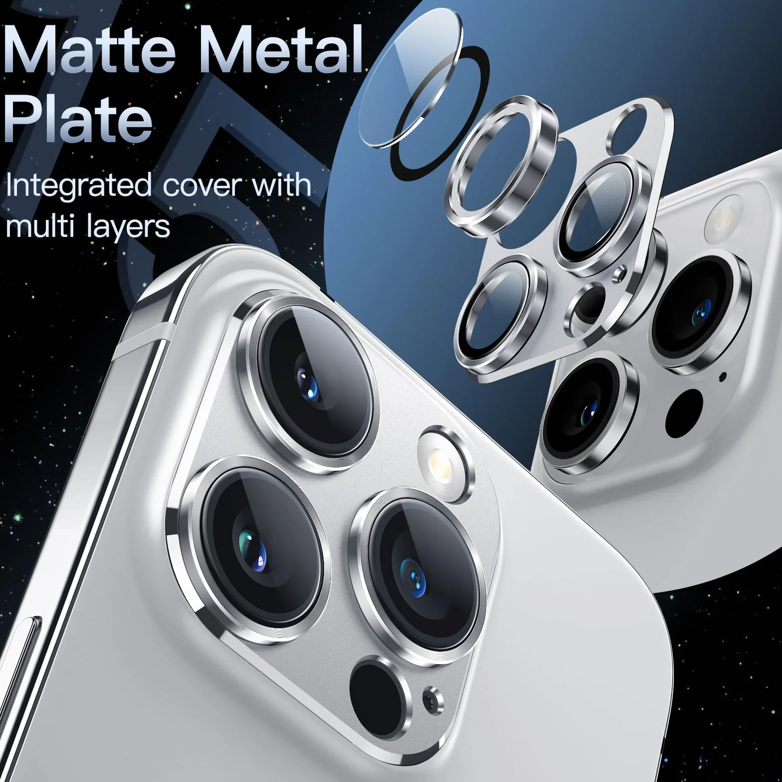 JETech Osłona Obiektywu Aparatu do iPhone 14 Pro i 14 Pro Max, Szkło Hartowane 9H, Metalowa Płytka, Srebrny
