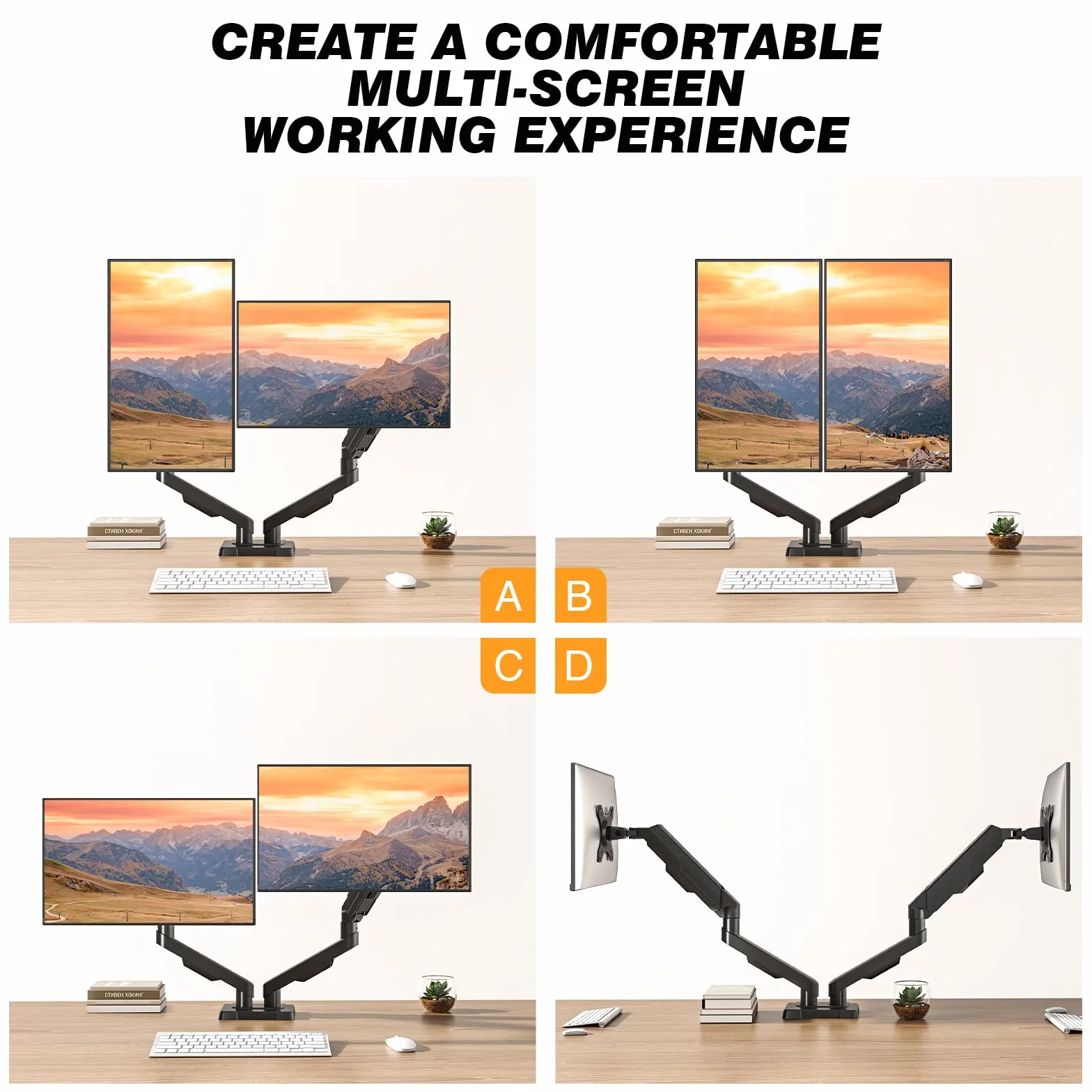 TVON Podwójne ramię monitora Uchwyt Ekranu 17-35 "Montaż na ławce Wysokość 2-10 kg Ekran pochylenia Obrót VESA 75/100 mm do biura domowego