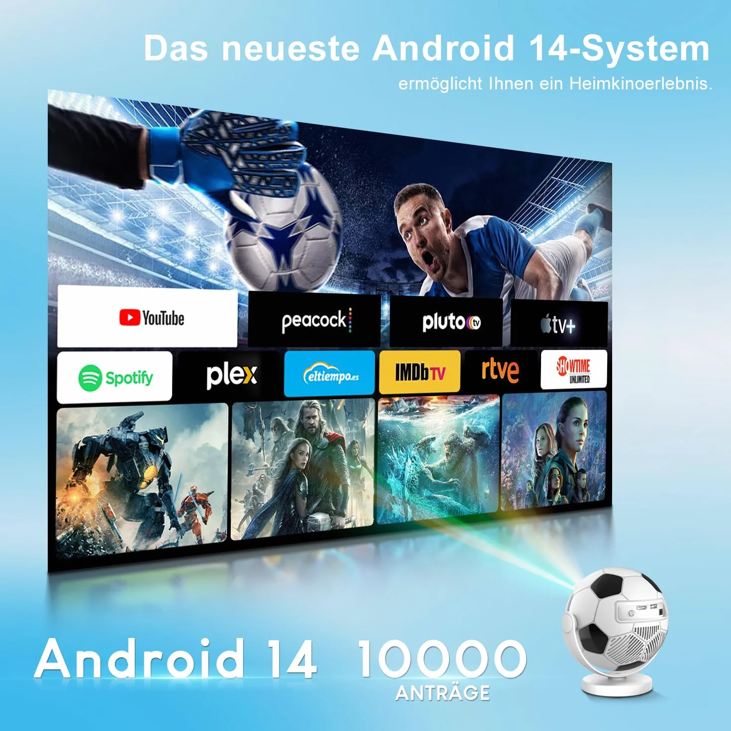 Mini projektor obsługuje 4K 2026, inteligentny projektor z systemem Android 14.0, przenośny projektor z WiFi 6 i Bluetooth 5.4, przenośny, mały projektor do kina domowego, obrót o 180°, biały