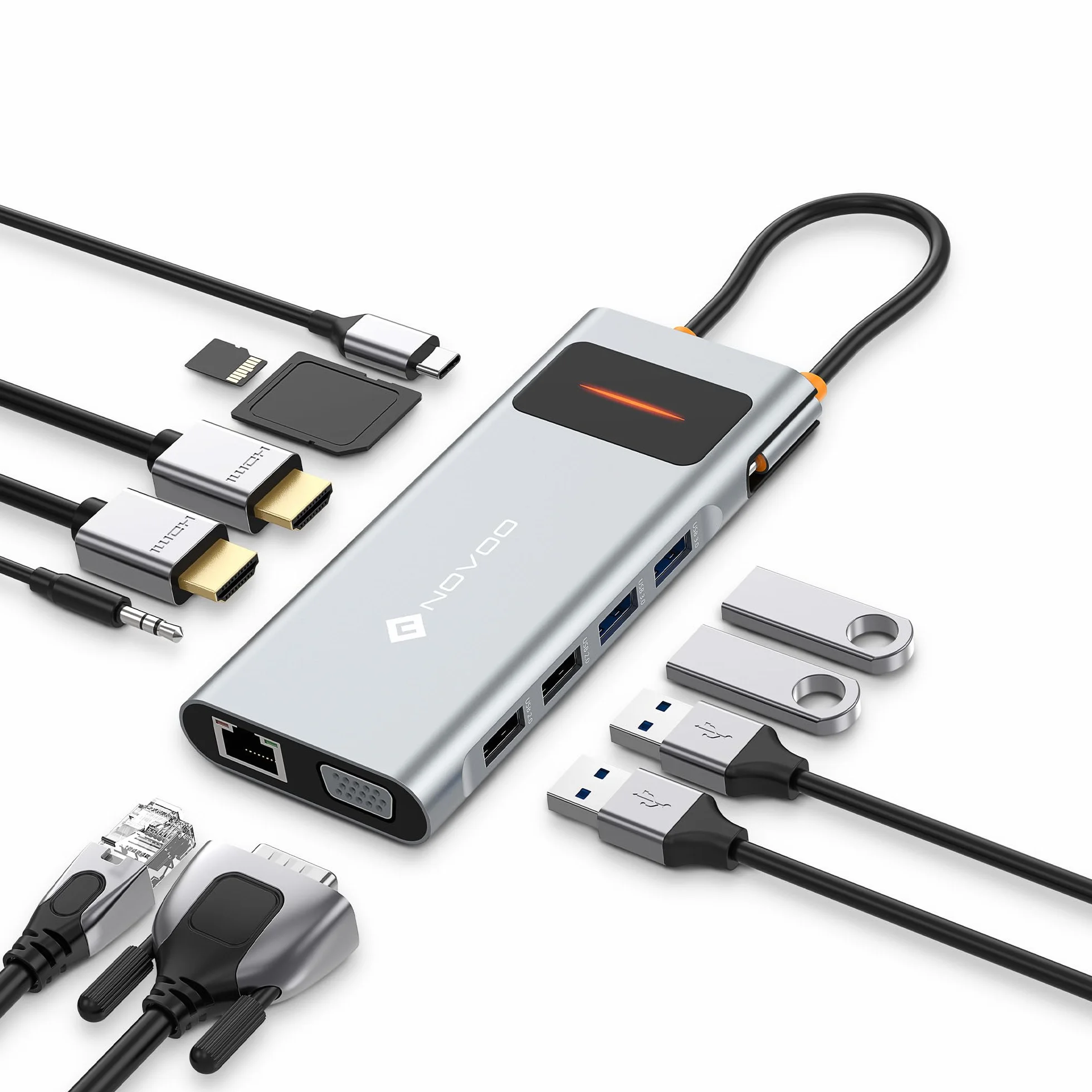 NOVOO Stacja dokująca z podwójnym monitorem, stacja dokująca 12 w 1 USB C do Dual HDMI, VGA, 100W PD, RJ45 Ethernet, 4 USB, SD/TF Hub USBC do MacBooka Pro Air Dell Lenovo