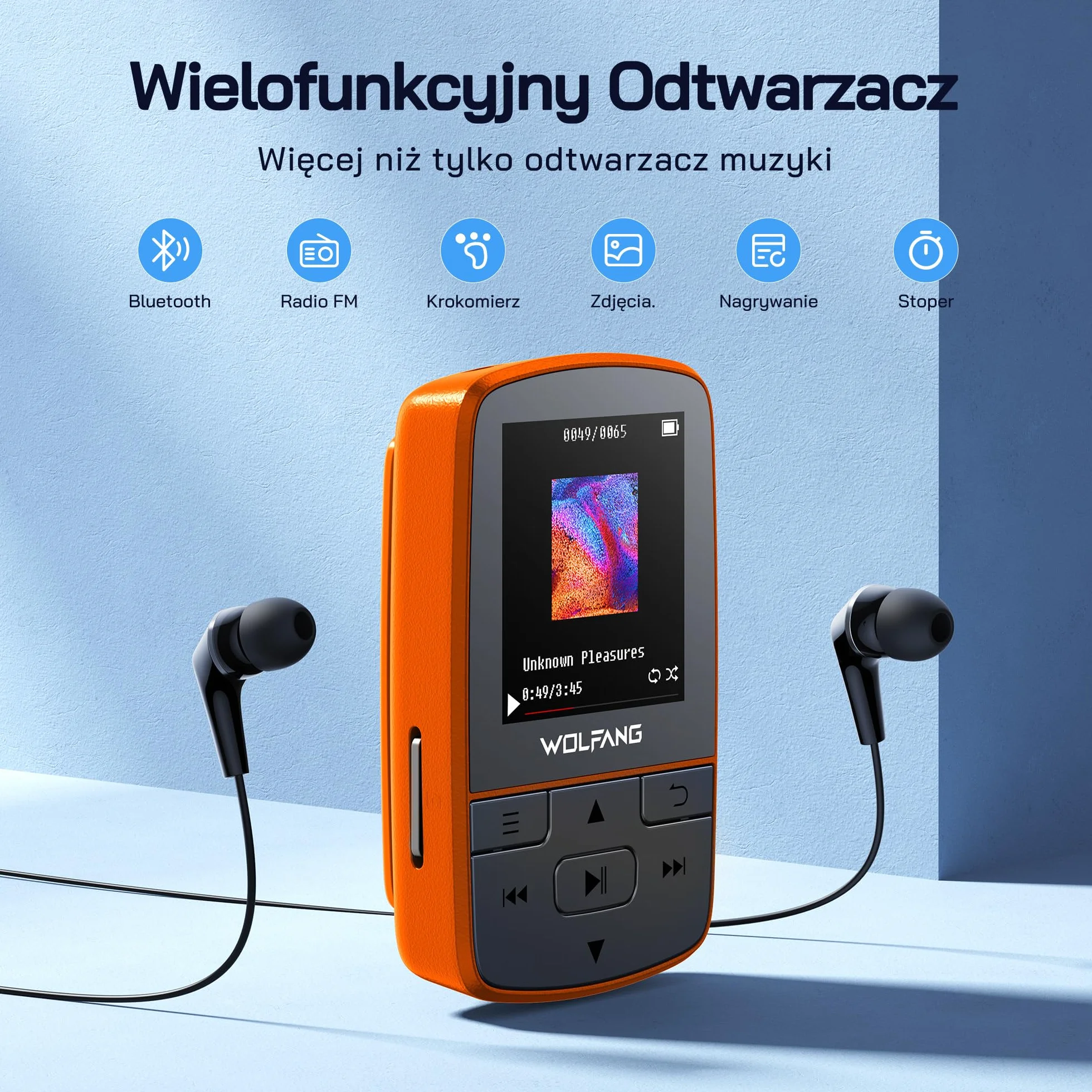 WOLFANG Odtwarzacze MP3 z Bluetooth 5.2, klips sportowy, mini rozmiar, waga 28 g, radio FM HiF, dyktafon, słuchawki w zestawie, pomarańczowe