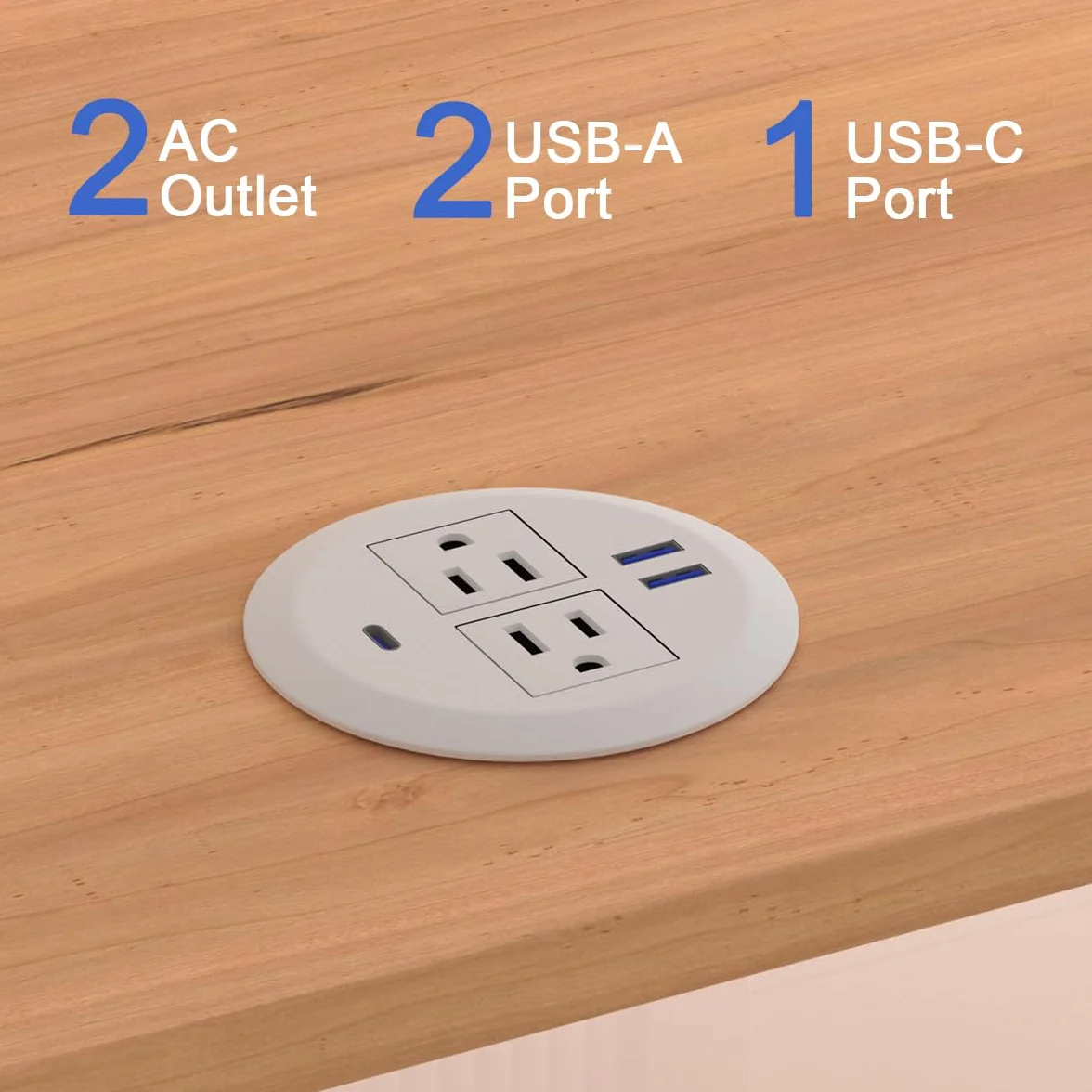 Wpuszczane przelotki zasilające, 7 cm, 20 W, szybkie ładowanie USB C.Fadossu na biurko, podtynkowe gniazdo zasilania z 2 gniazdkami AC, 3 porty USB, pasują do okrągłego otworu na biurko, przewód 16 cm