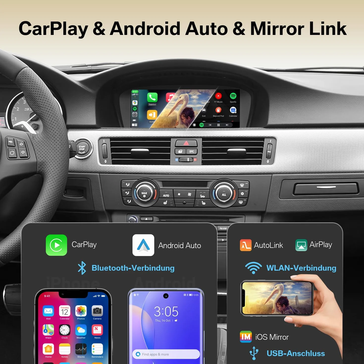 Linux Wireless CarPlay Android Auto do BMW serii 3 5 CIC System | E60 E61 E90 E91 E92 E93 2008-2013, wyświetlacz 8,8 cala, z Bluetooth, MirrorLink, kompatybilność OEM, montaż Plug & Play