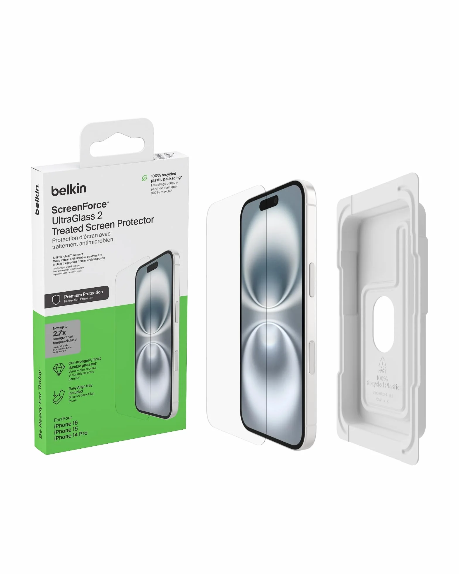 Belkin ScreenForce UltraGlass 2 szkło ochronne do iPhone 16 / iPhone 15/14 Pro, odporne na zarysowania, twardość 9H, cienkie, zawiera ramkę Easy Align do nakładania bez pęcherzyków powietrza