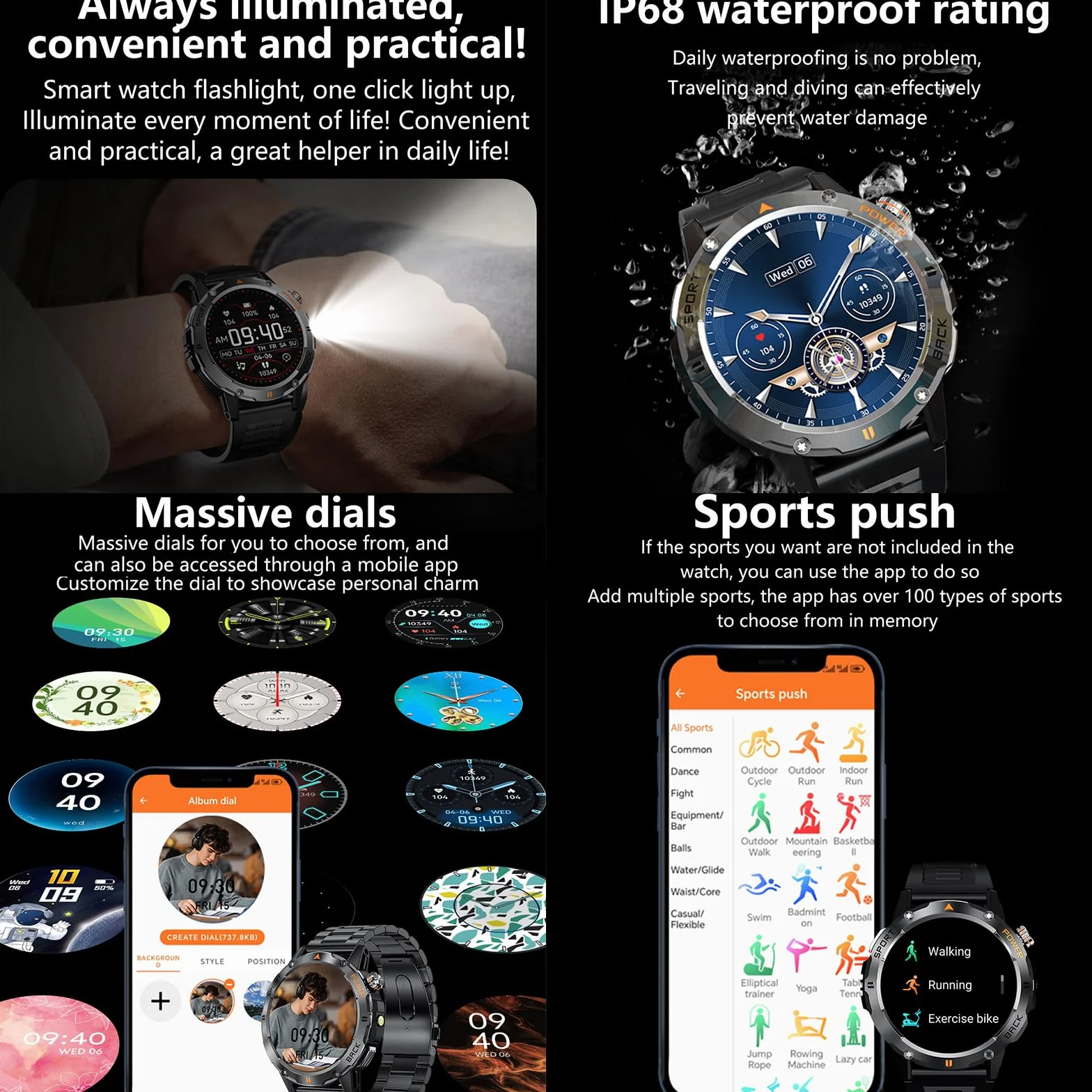 Inteligentny Zegarek, Outdoorowy Inteligentny Zegarek Sportowy, GPS Men Fitness Smartwatches Z 1,53-calowym Ekranem IPS I Latarką LED, Funkcją Kompasu, Wodoodpornością Klasy P68