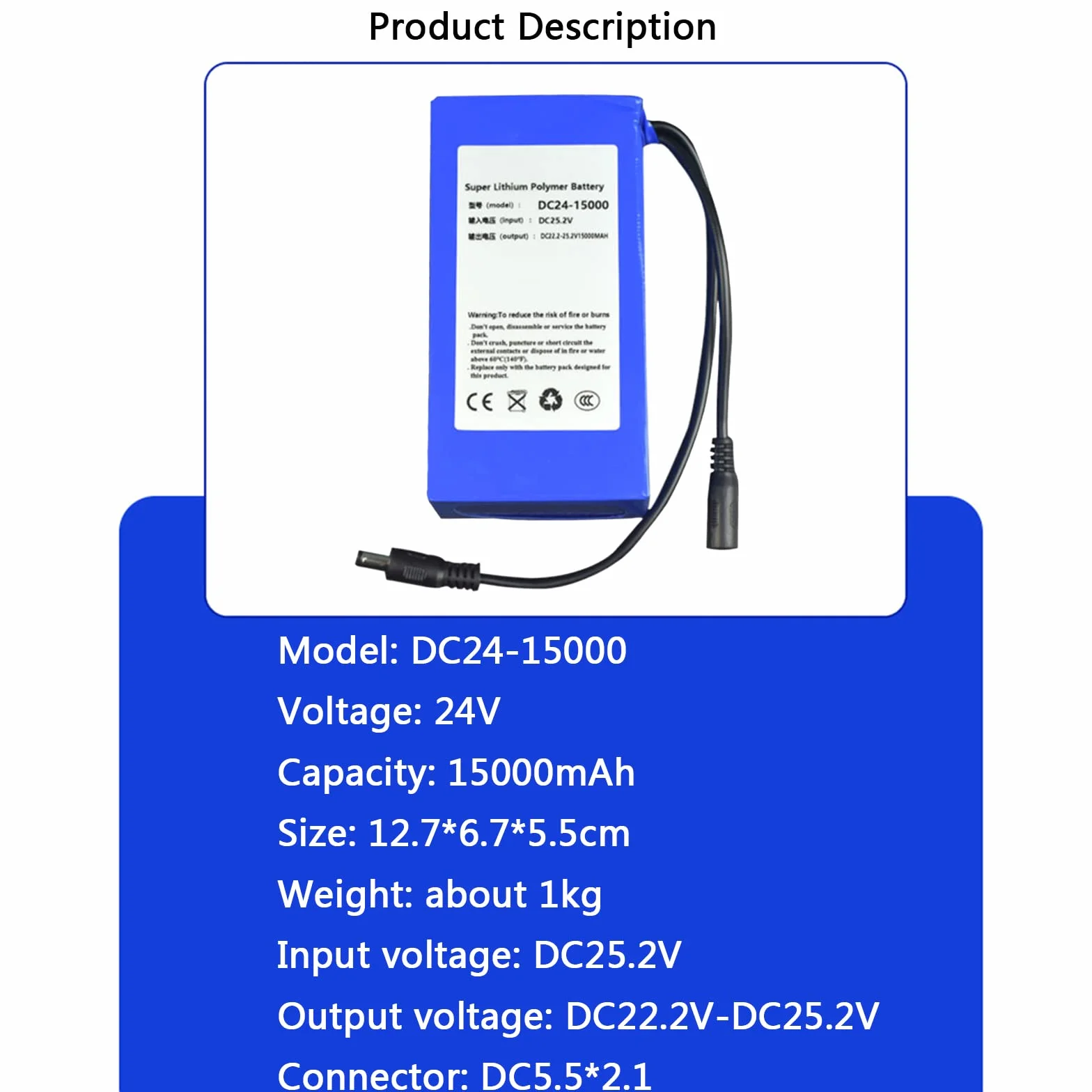 Akumulator litowo-jonowy DC 24 V Przenośna bateria litowo-polimerowa o dużej pojemności 15000 mAh z ładowarką nadaje się do zabawek elektrycznych, lamp ksenonowych taśm LED itp.