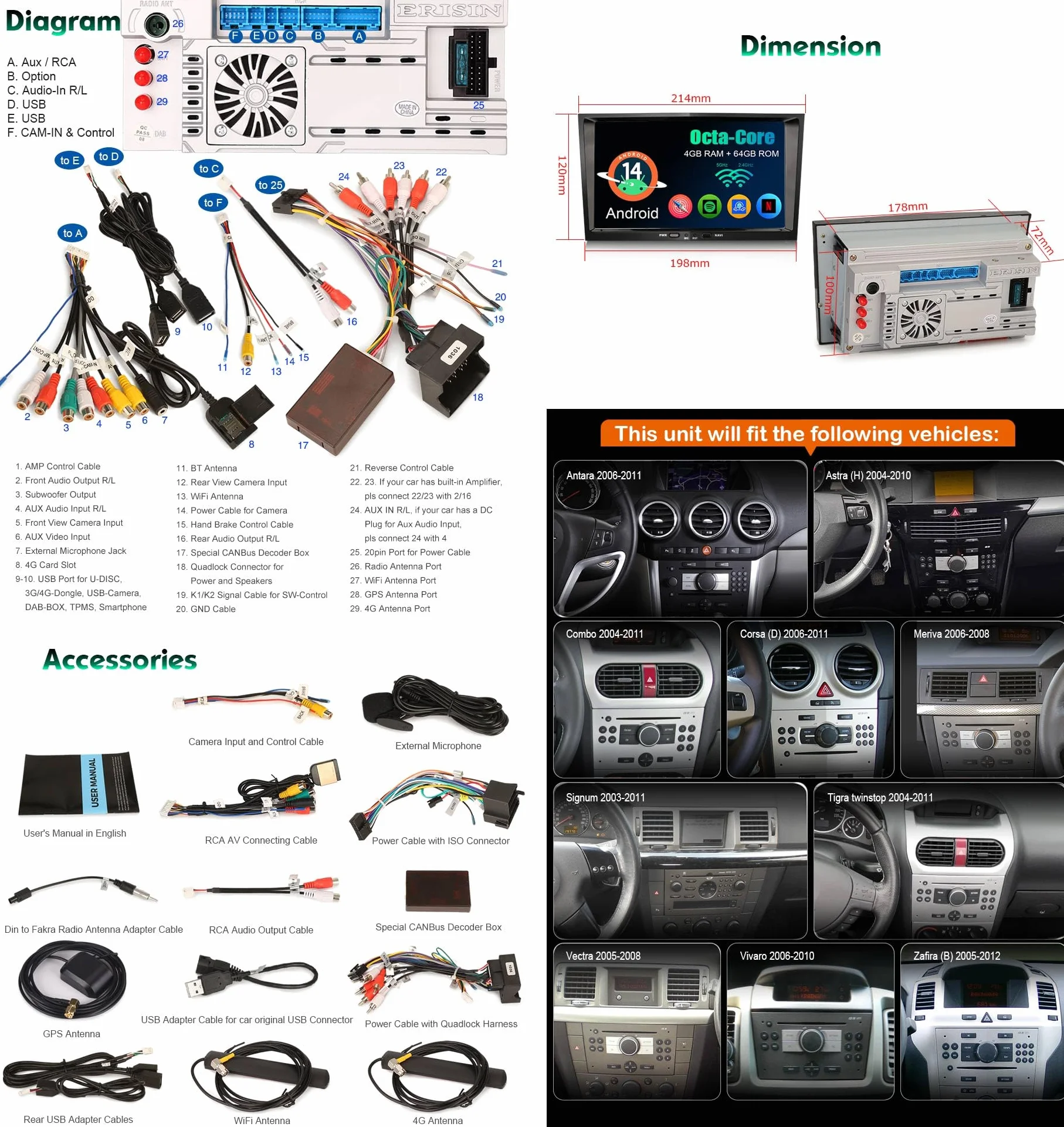Erisin 8 cali 2 DIN radio samochodowe do Opel Meriva Corsa D Zafira Vivaro Antara H Android 13 [4G + 64 GB] radio samochodowe stereo z nawigacją Bluetooth WiFi DSP Wireless Carplay Android Auto ekran