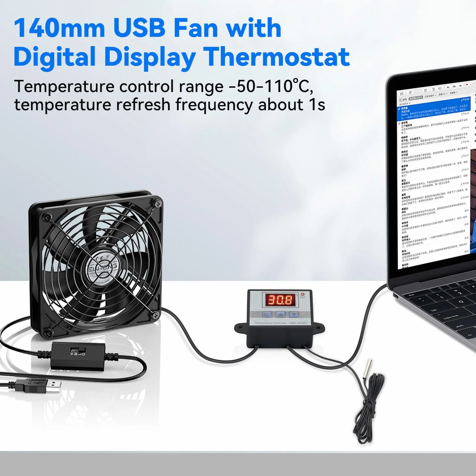 Wentylator USB ELUTENG 140 mm z cyfrowym regulatorem temperatury, wentylator komputerowy 14 cm Trzy prędkości regulowany wentylator chłodzący USB 5 V do PS5/PS4/laptopa/TV Boxa/Routera/odbiornika
