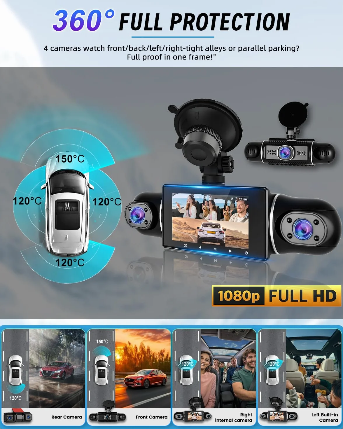 NHOPEEW 1080P 5-kanałowa kamera na deskę rozdzielczą 360° – kamera na deskę rozdzielczą z dwoma kamerami cofania, soczewkami wewnętrznymi i przednimi – nagrywanie w pętli czujnika G, widoczność w nocy