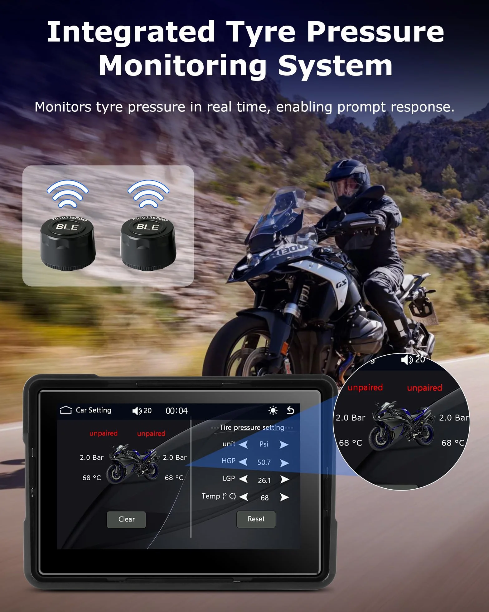Jansite Carplay Moto Android Auto Screen z TPMS, 5-calowy ekran dotykowy Moto Navigator Wodoodporny IP67 CarPlay i Android Auto Wireless, nawigacja GPS, Siri Goo-gle