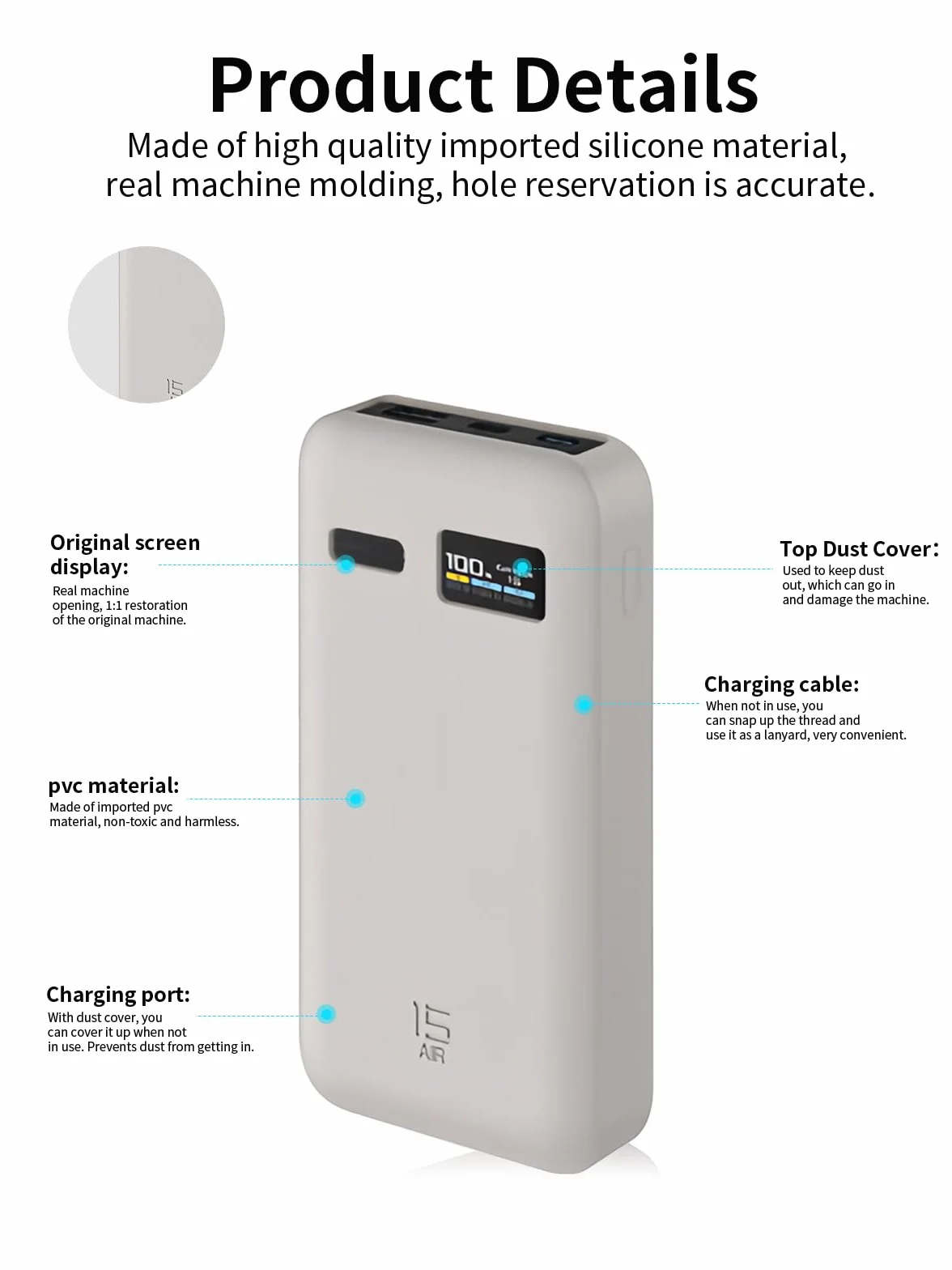 Do CUKTECH 15 Air Charger Power Bank 100W 15000mAh Silikonowa obudowa - odporna na zarysowania, uderzenia i kurz, przenośna, smukła (szary)