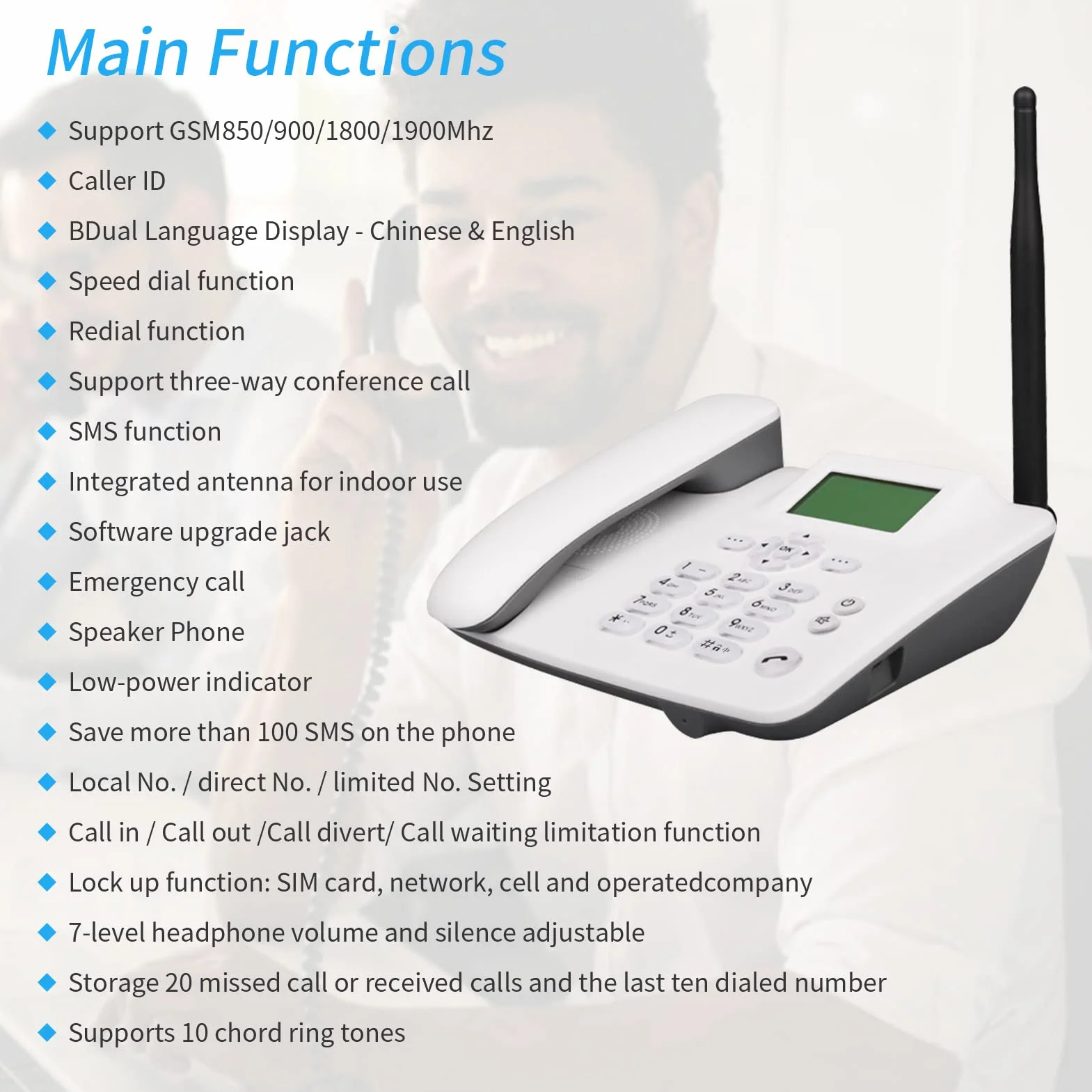 Bezprzewodowy telefon stacjonarny 4G GSM 850/900/1800/1900 MHZ karta SIM bezprzewodowy telefon z anteną radiową budzik funkcja SMS do domu centrum telefonicznego biuro