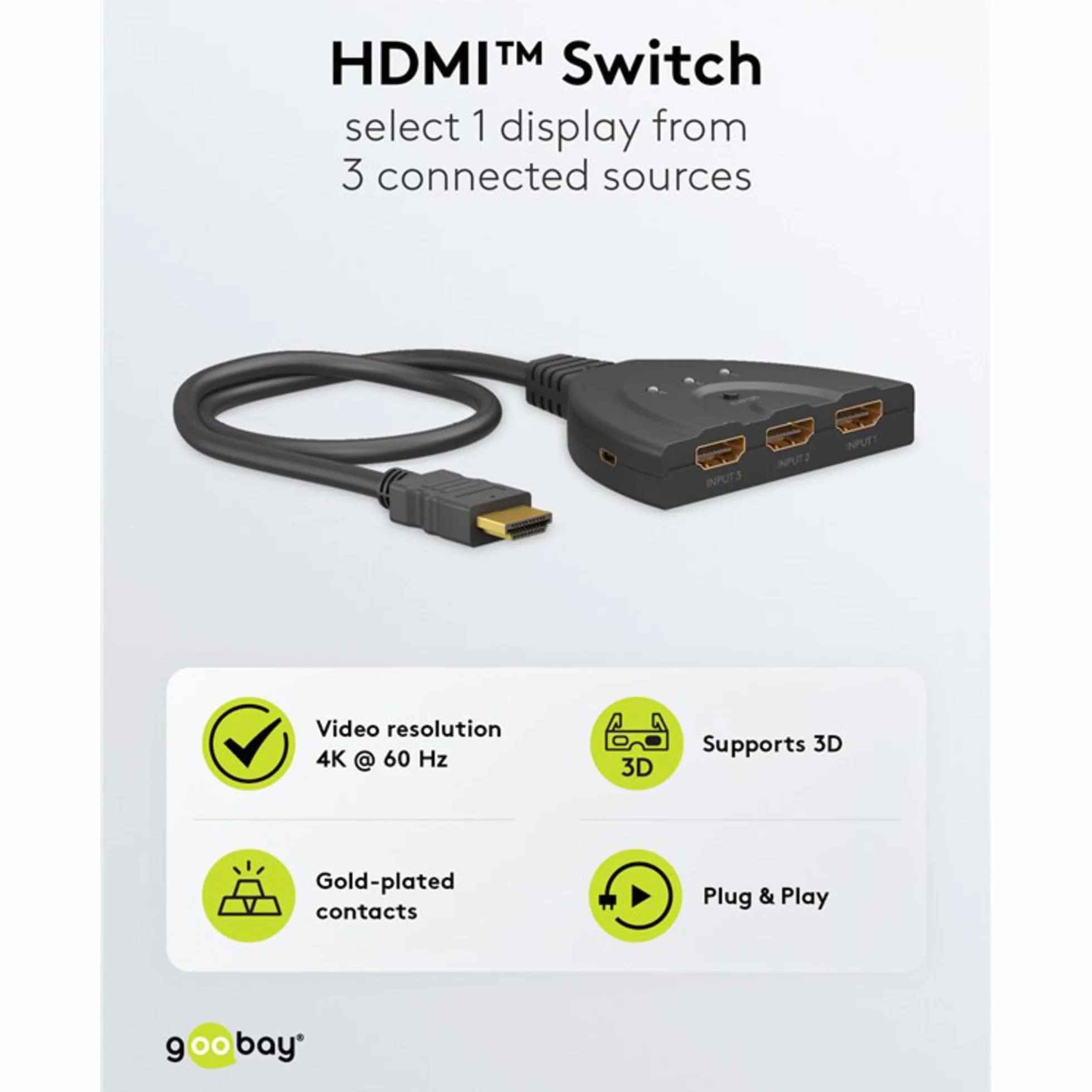 goobay Przełącznik HDMI 3 na 1 (4K @ 60 Hz)