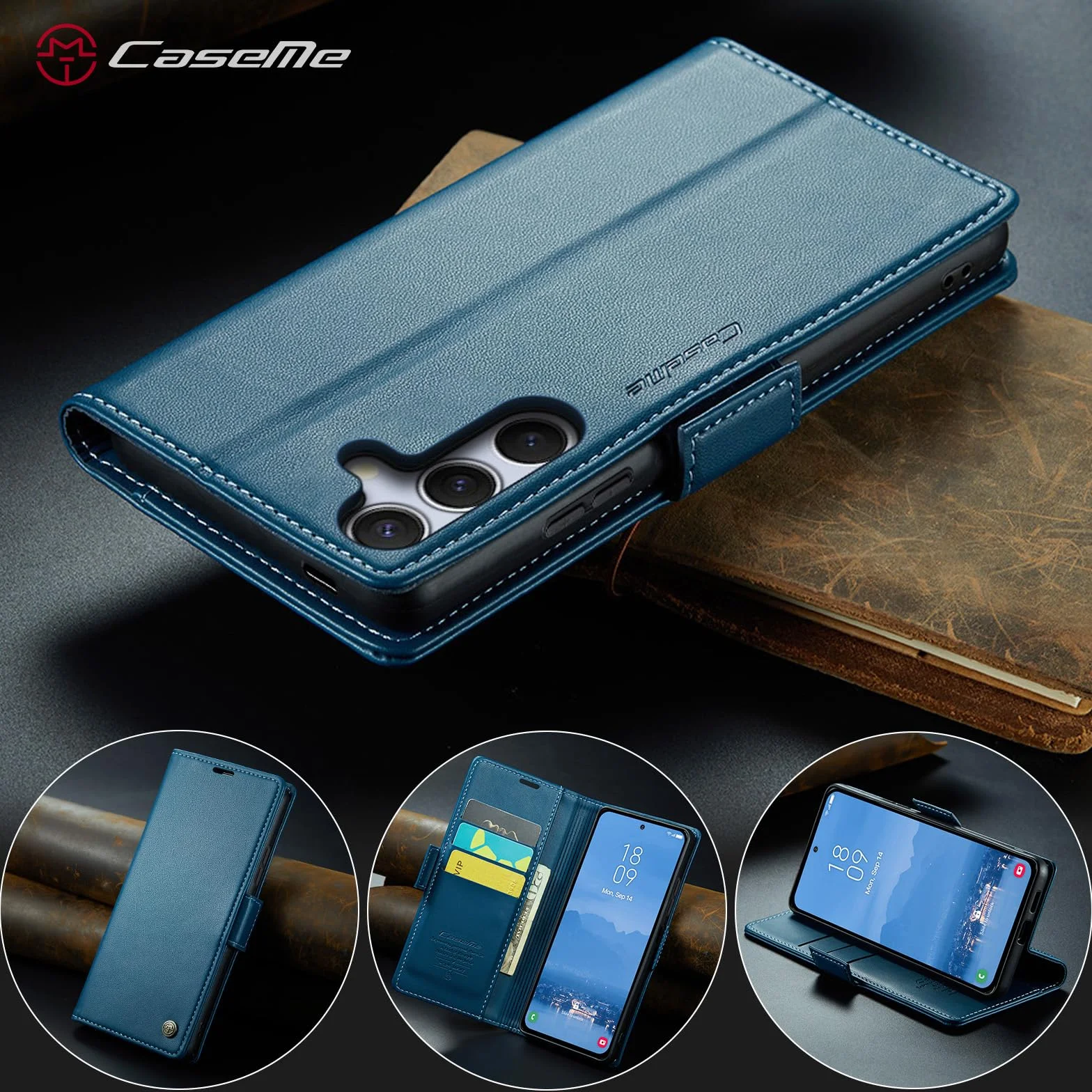 Etui do Samsung Galaxy S25 FE, wysokiej jakości skóra PU etui z klapką pokrowiec na telefon，ochrona RFID, z podpórką przegródkami na karty, odporne na wstrząsy Case, Niebieski