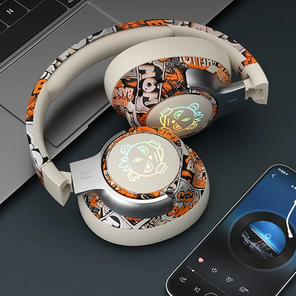 DYRBF Zestaw słuchawkowy do gier Bluetooth 5.3, oświetlenie RGB, niskie opóźnienie, aktywna redukcja szumów, wbudowany mikrofon do komputera, laptopa, gracza, biały, czarny, fioletowy