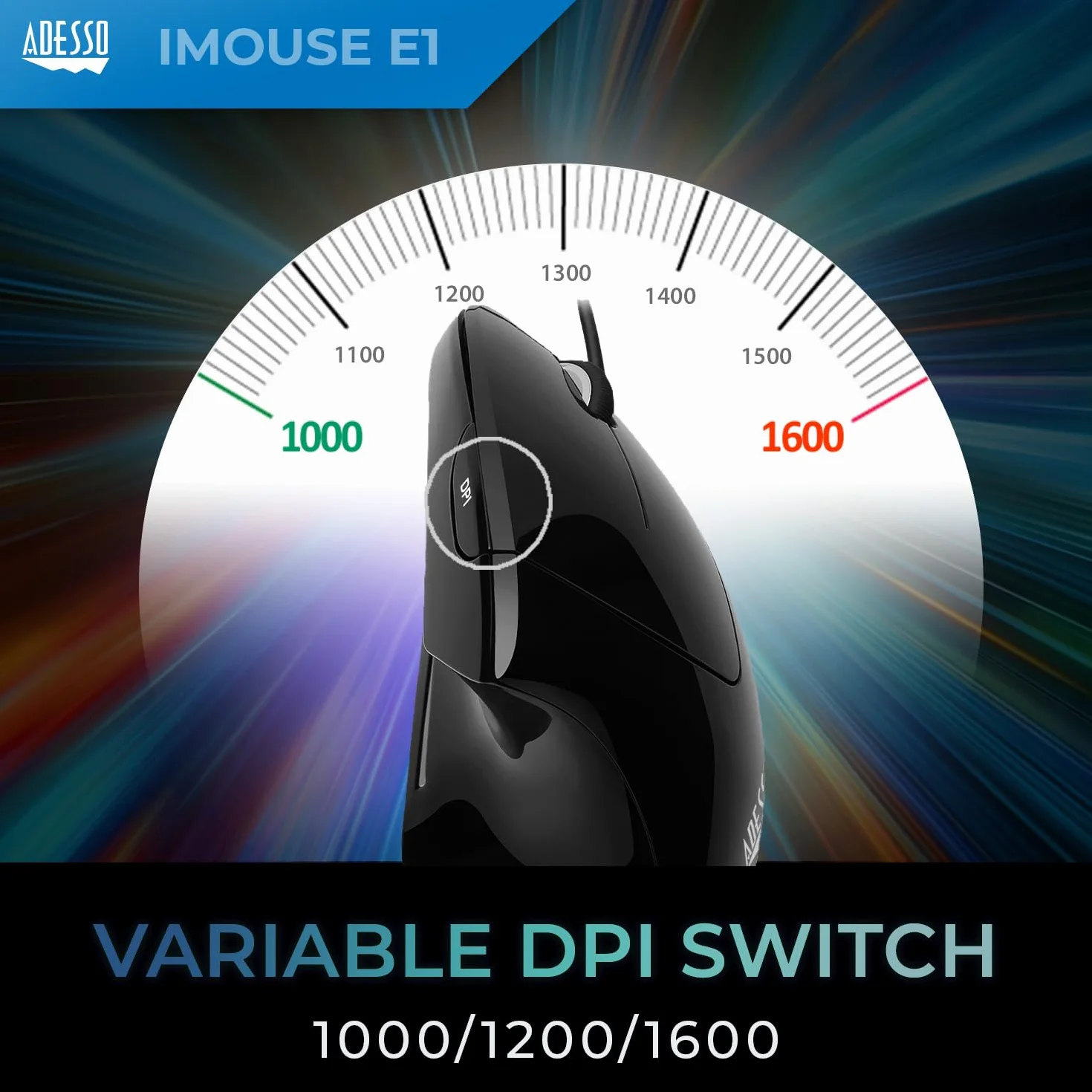 Adesso iMouseE1 - pionowa ergonomiczna podświetlana optyczna mysz USB z 6 przyciskami - orientacja praworęczna, DPI 1600/1000, 6 przycisków, do laptopa/PC/komputera stacjonarnego/notebooka/MAC - czarna