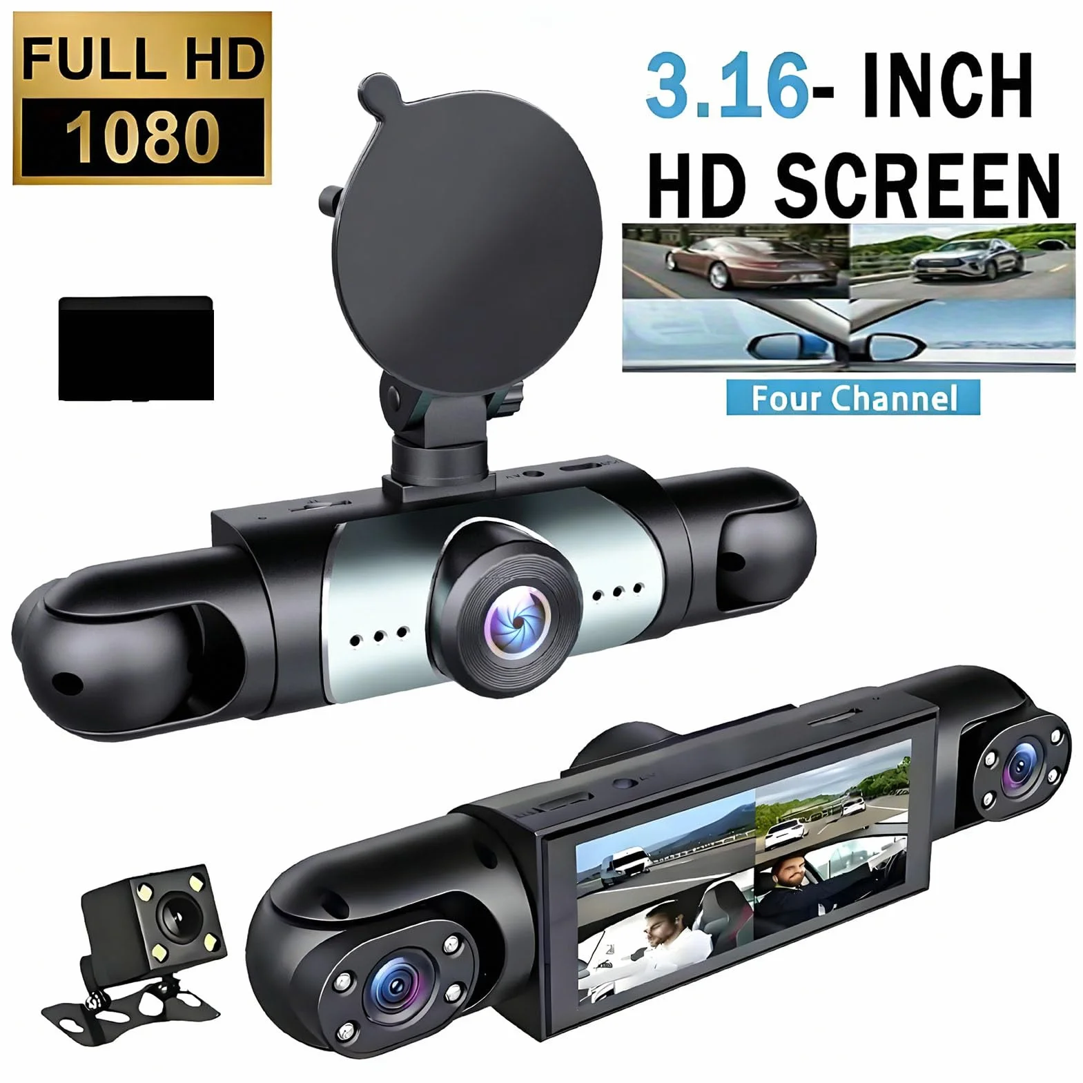banapoy 1080P 4-kanałowy Rejestrator Jazdy Przód tył Lewo Prawo, z Zapętlonym Nagrywaniem, 3,16-calowy Ekran, Noktowizja, Max 128 GB, Obsługuje aplikację mobilną Przez WiFi