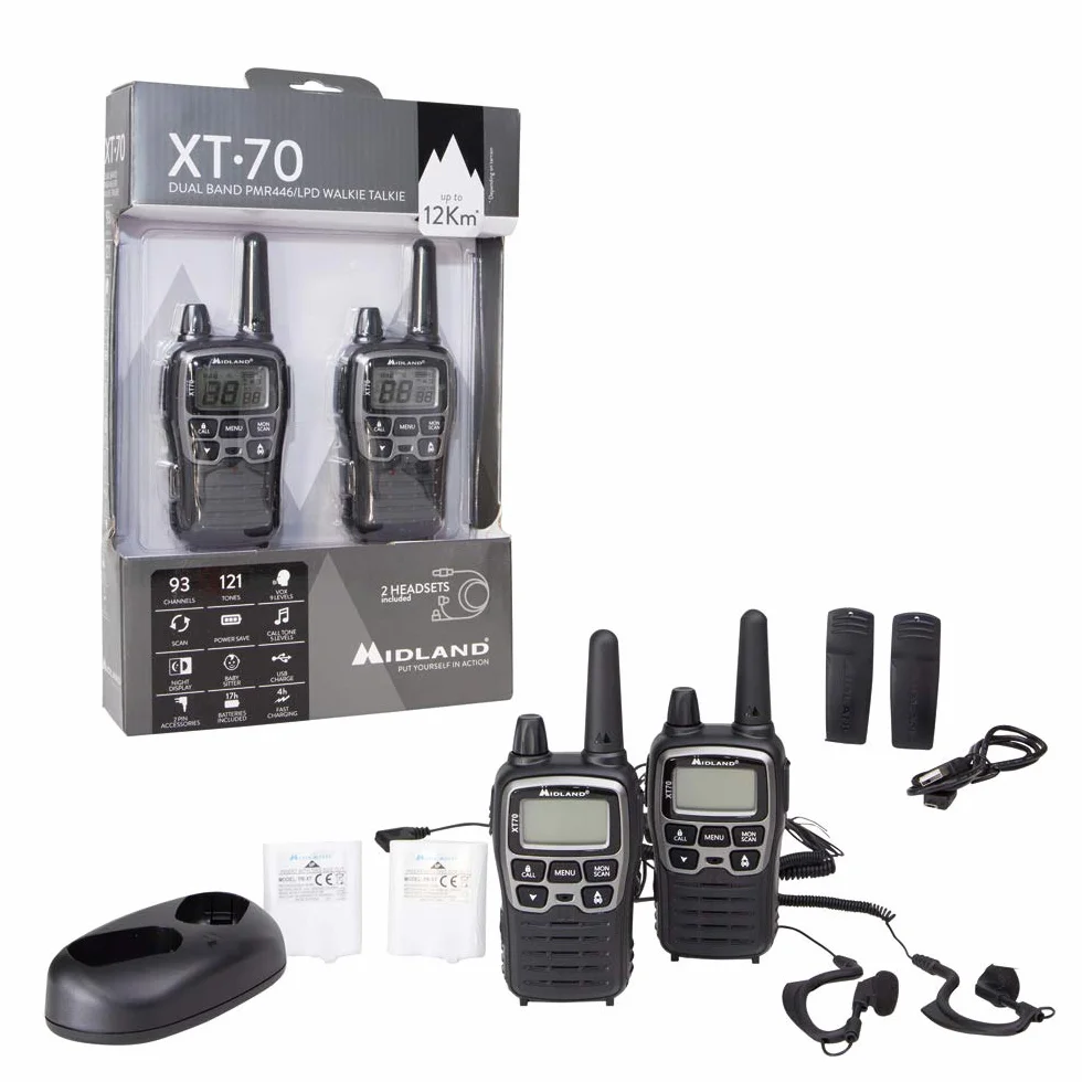Midland XT70 C1180, Radio Dual Band Ricetrasmittente Professionale Walkie Talkie Szybkie Ładowanie, Format 69 LPD i 24 PMR446, Zasięg 12 km, 38 Tonów, 83 Kody, Zestaw 2 Ricetrasmettitori, Szary