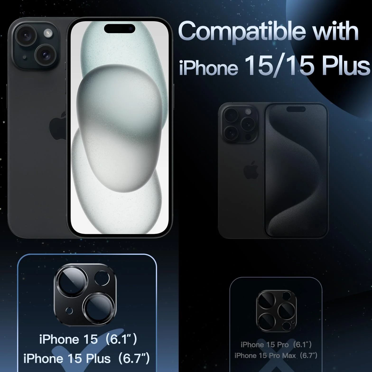JETech Osłona Obiektywu Aparatu dla iPhone 15 6,1 Cala i iPhone 15 Plus 6,7 Cala, Pełne Pokrycie ze Szkło Hartowane 9H Pierścienia Osłona, Matowe Metalowa Płytka, 1 Sztuki (Północ)