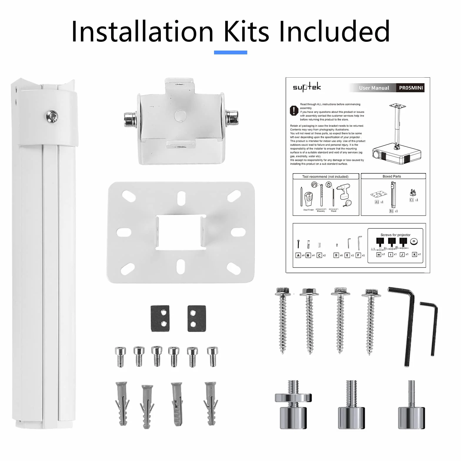 suptek Uchwyt sufitowy do rzutnika Rozszerzenie Mini-uchwyt sufitowy do projektora Regulowana uchwyt ścienny z adapterami gwintowanymi dla projektora, DVR-kamery, Max. 13,6kg (PR05MINI)