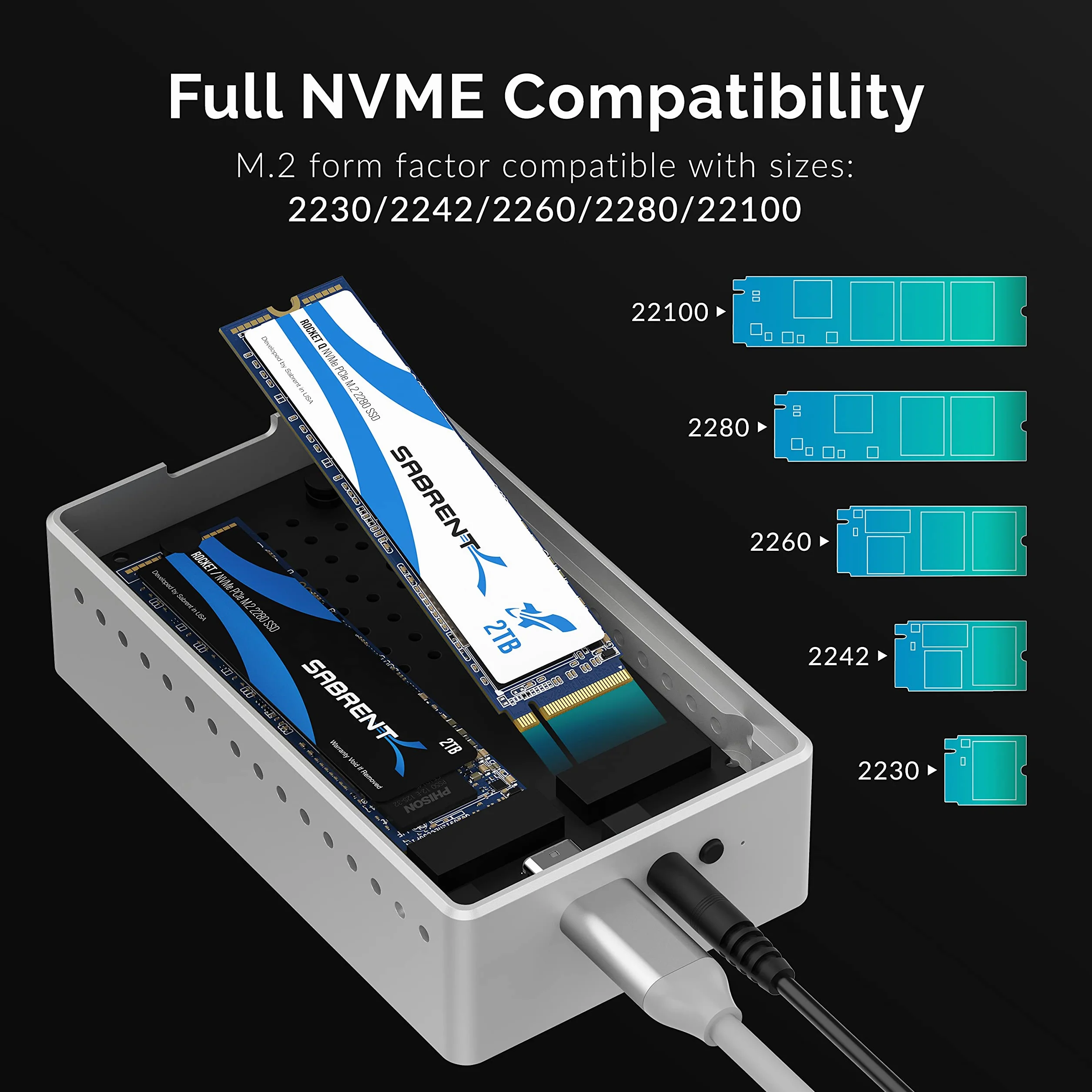 SABRENT Stacja dokująca M.2 SSD, podwójny klon NVMe, obudowa z funkcją powielacza USB C 3.2 PCIe, zewnętrzna aluminiowa obudowa do dwóch M2 NVMe z zasilaczem, bez narzędzi (EC-SSD2)