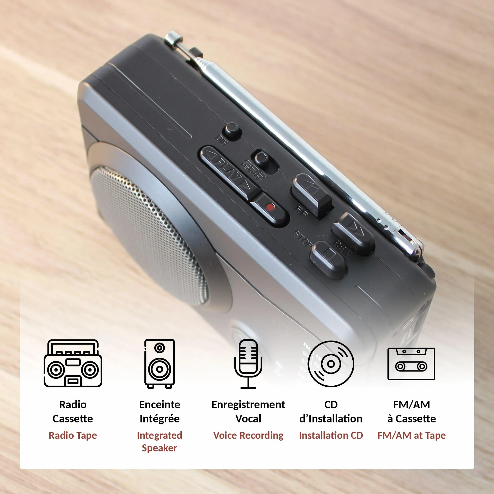 FISHTEC - Radio magnetofonowe Retro z nowoczesnymi funkcjami MP3, port USB, FM/AM, nagrywanie głosu, wbudowany głośnik rozszerzalna antena audio muzyka