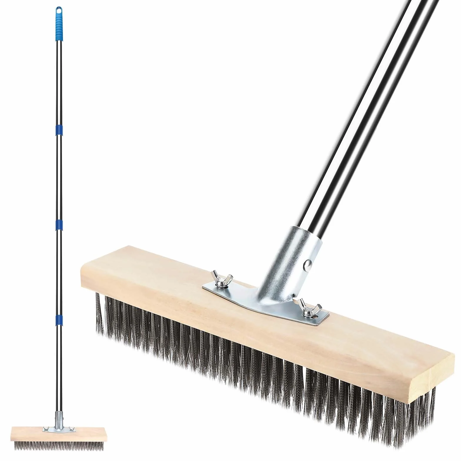 Trzepaczka z drutu stalowego z trzonkiem teleskopowym (160 cm), szczotka druciana do usuwania mchu z trzonkiem, 30 cm szczotka do usuwania mchu, chwastów i kamieni brukowych, do ogrodu, na