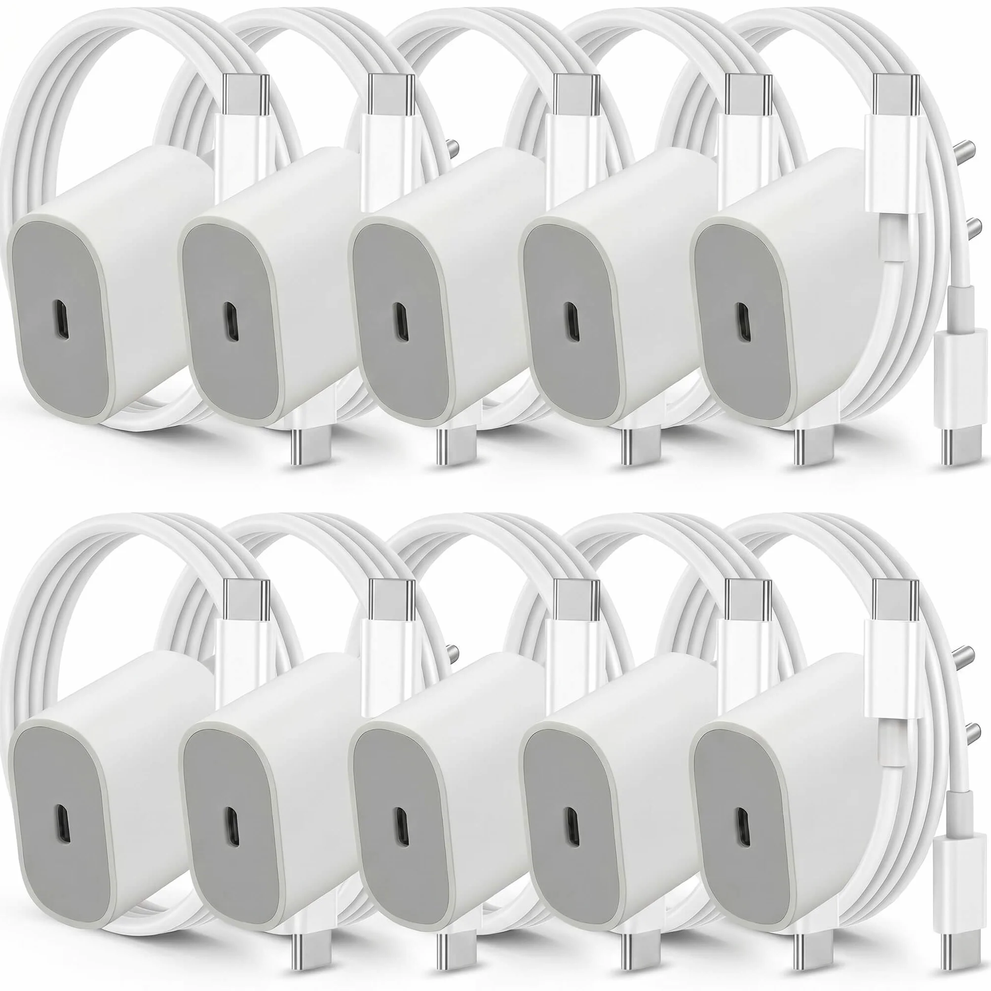 Ładowarka USB-C 25 W z kablem 1 m, zestaw 10 sztuk, szybkie ładowanie PD/PPS, biała, kompaktowa, kompatybilna z iPhone (17/16/15), Samsung Galaxy (S25/S24/S23/S22), Google Pixel, Huawei