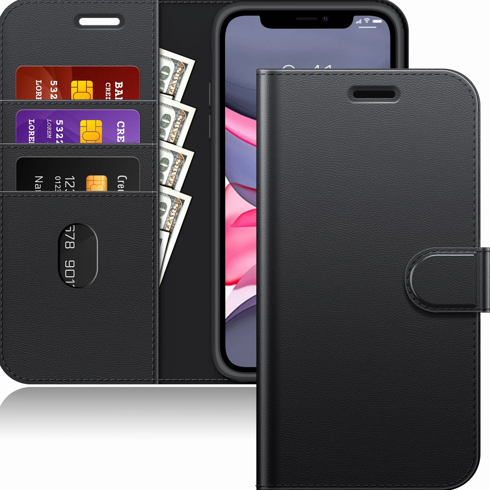 JETech Etui Portfelowe dla iPhone 11, Czarny | Wstrząsoodporna Skóra PU, Uchwyt na Kartę, Magnetyczna Klapka, Funkcja Podstawki